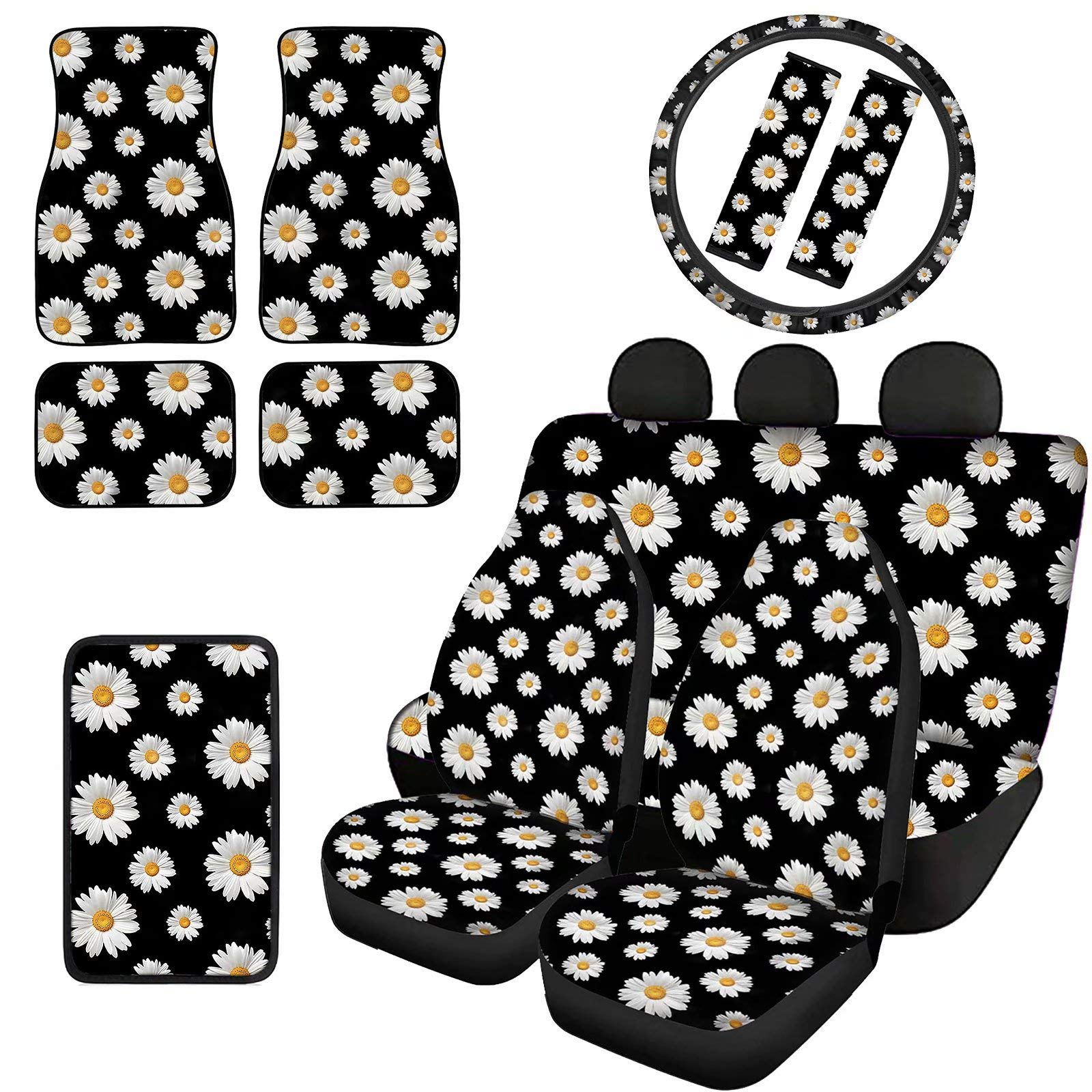 Pensura Daisy Car Seat Covers Full Set 12 Pcs - Universal Steering Wheel Cover, Seat Belt Pads, Floor Mats & Armrest Protector for SUV, Van, Truck - Soft Interior Accessories for Women, Comfortable Driving & Car Protection