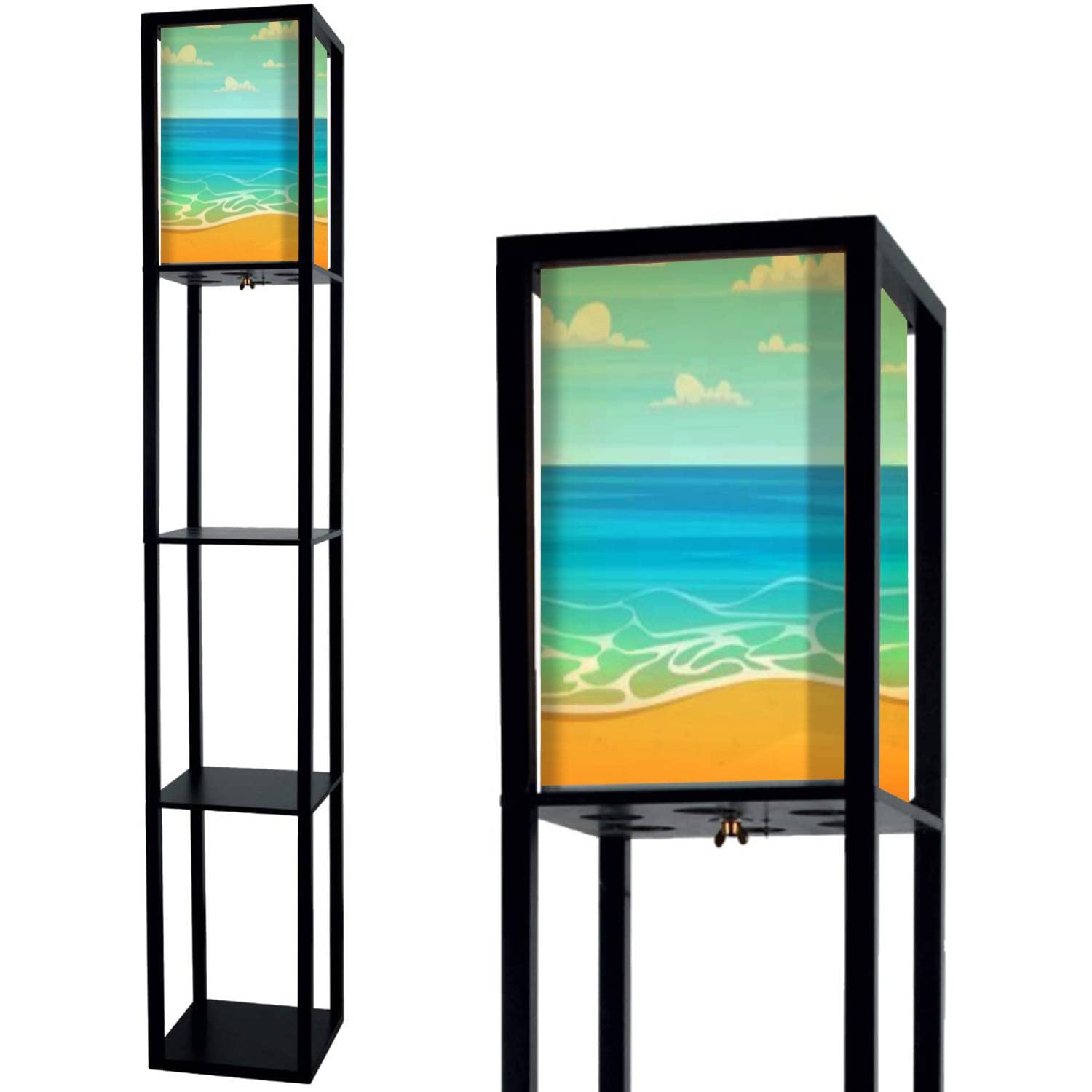 Cartoon Summer Beach Style Standing Lamp with Shelves - Flaxen Fabric Shade Floor Lamp for Living Room, Bedroom, Office - Tall Corner & Bedside Lighting for Home Aesthetic Decor (Perfect for Reading Nook, Coastal Theme Rooms & Relaxing Spaces)