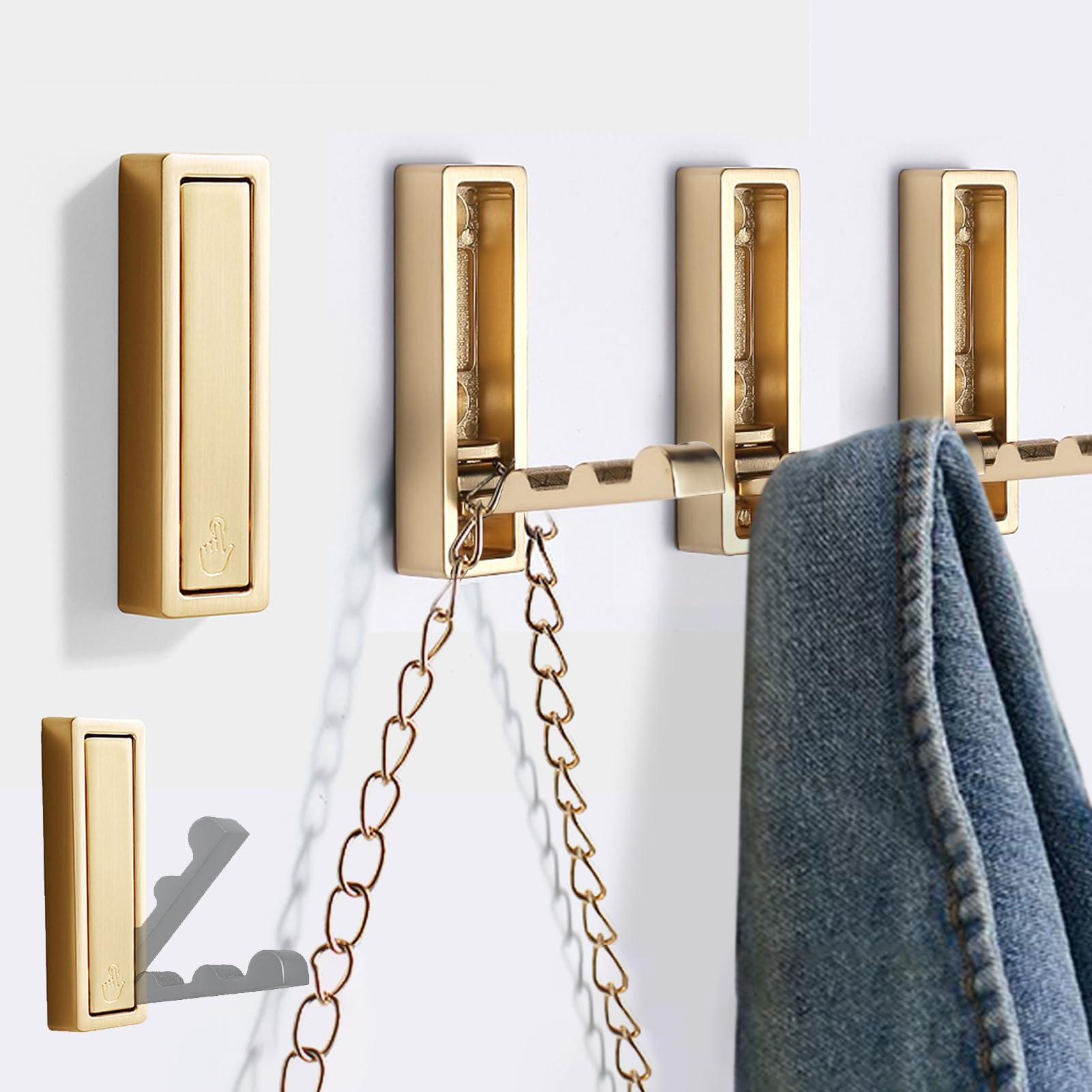 Foldable Gold Wall Hooks - Heavy Duty Brushed Gold Hangers for Coats, Towels, Backpacks & Bags - Space Saving Bathroom, Closet, Entryway, Pool & Kitchen Organizer (Set of 4) - Perfect for Home Decor & Small Space Organization