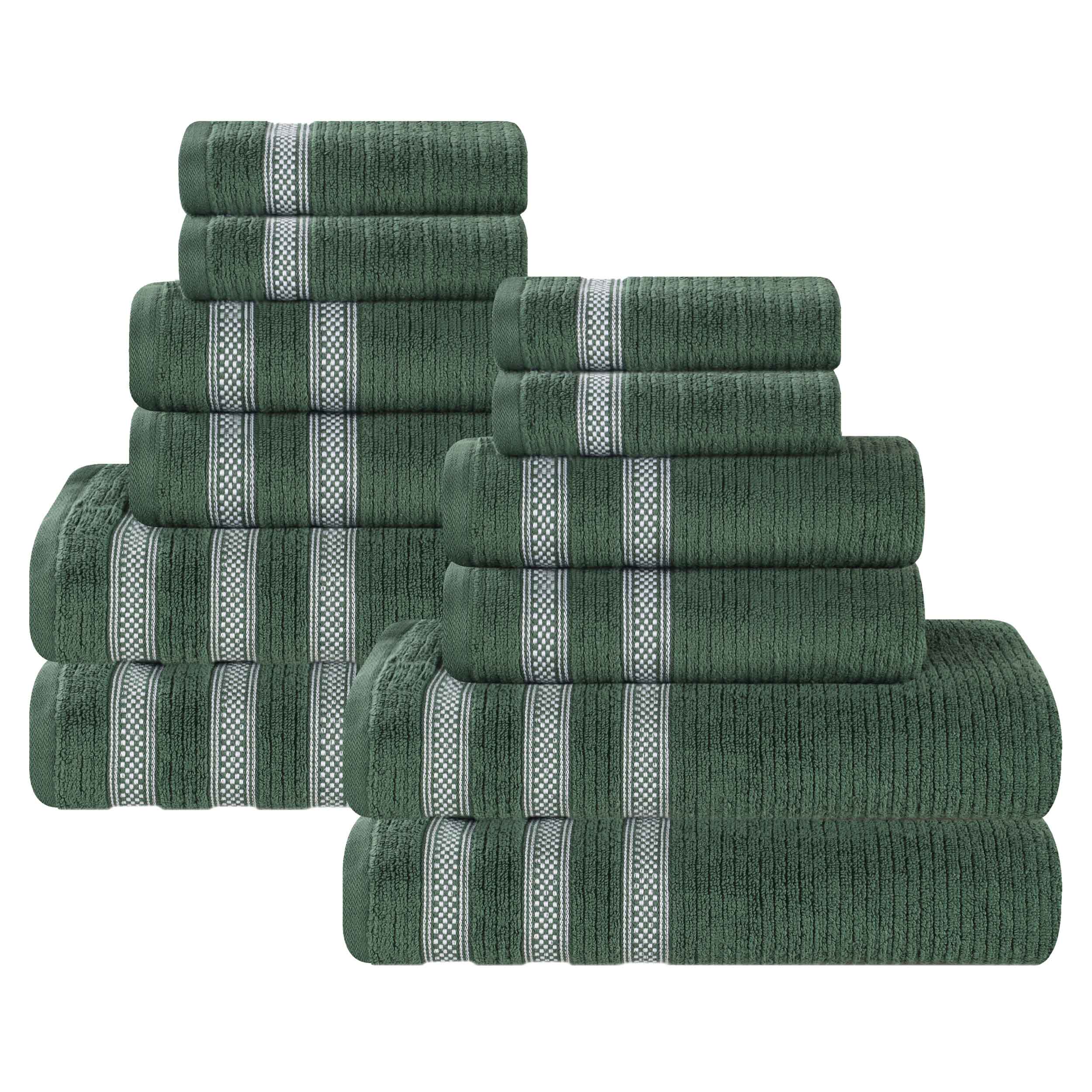 12-Piece Zero Twist Cotton Ribbed Geometric Border Plush Towel Set | Ultra Soft & Absorbent Bath, Beach & Gym Towels for Home & Travel