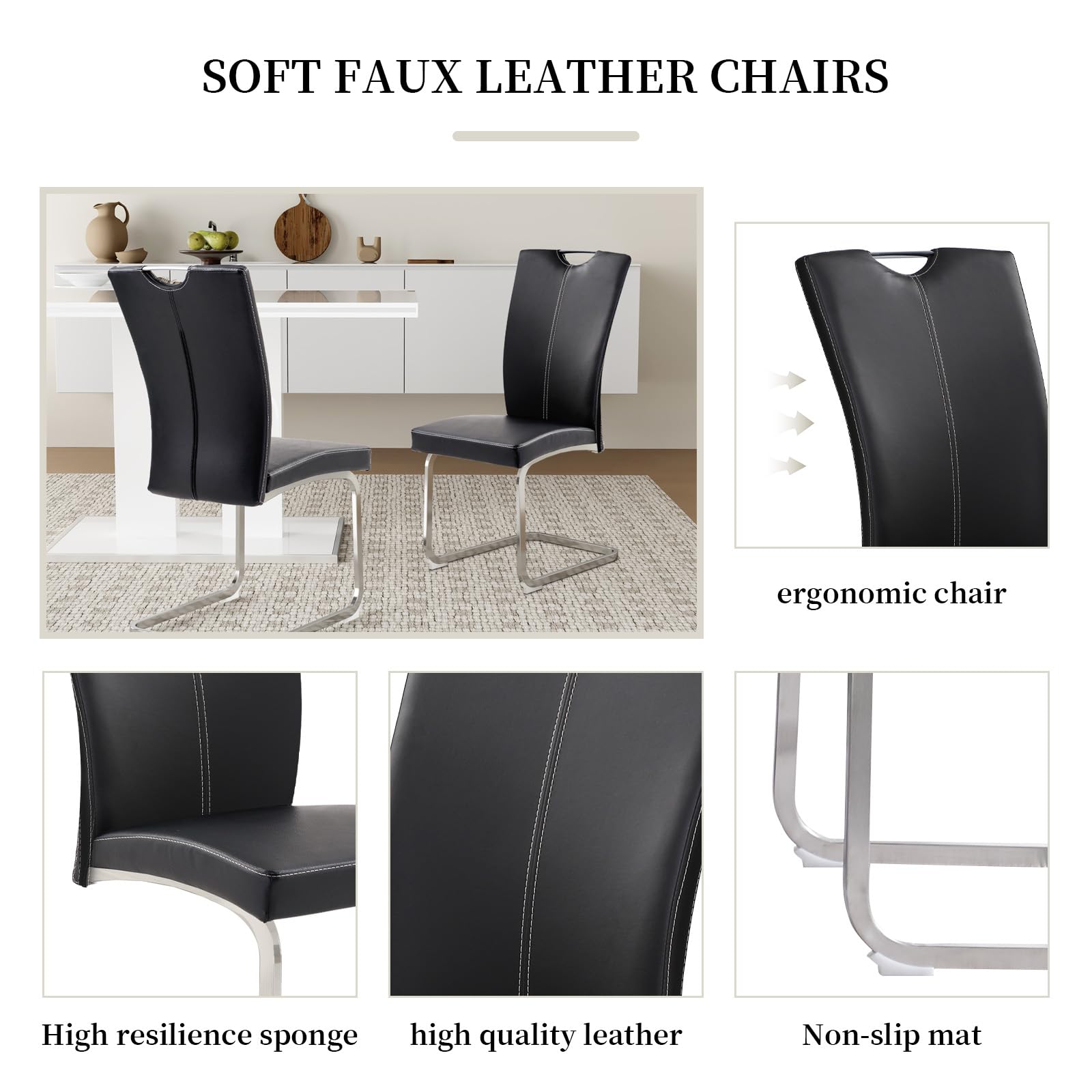 6 Modern Upholstered Armless Dining Chairs Set - High Back PU Leather Kitchen Side Chairs with Sturdy Metal Frame for Home, Restaurant & Office Use