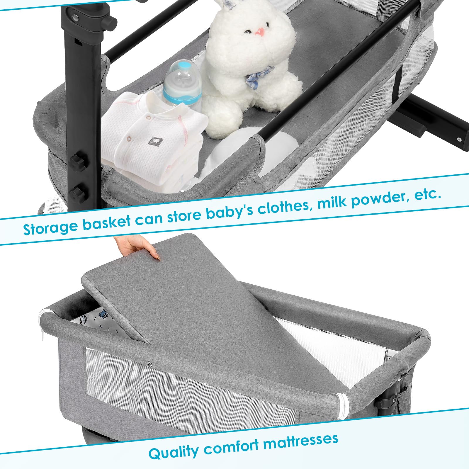 2024 New Style Light Grey Baby Bassinet - Portable Foldable Bedside Sleeper Crib for Boys & Girls | Perfect for Nursery, Travel & Co-Sleeping