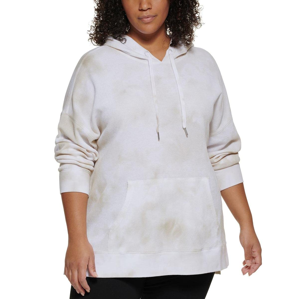 Calvin Klein Women's Plus Size Waffle High-Low Hoodie - Beige 1X | Comfortable & Stylish Pullover for Casual Wear, Workouts & Lounge