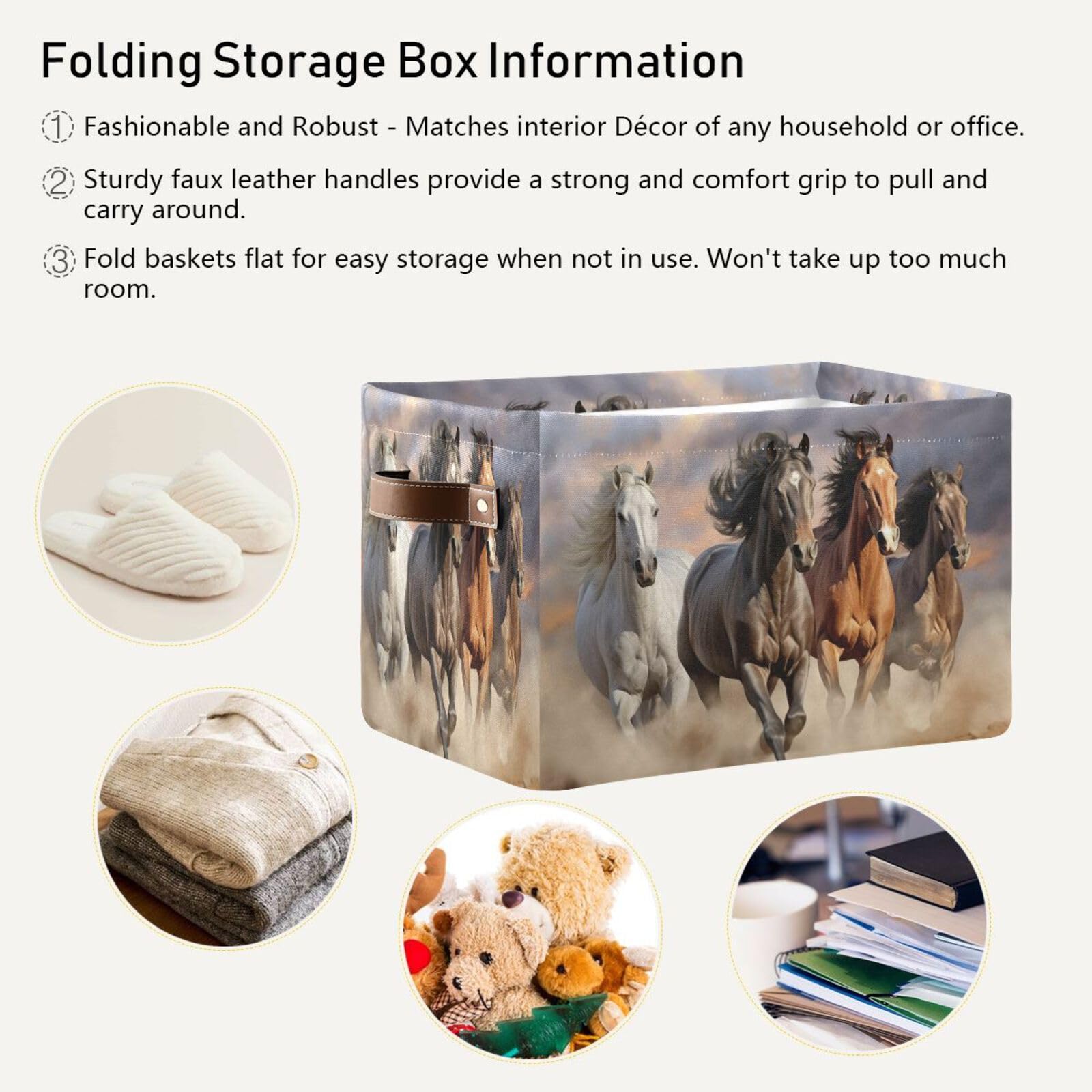STAYTOP Large Collapsible Storage Basket - Waterproof Toy & Laundry Bin with Handle for Home, Office, Bedroom, Kids Room - Running Horse Design - Rectangle Shape (1 Pack) - Perfect for Organizing Toys, Clothes, and Gifts