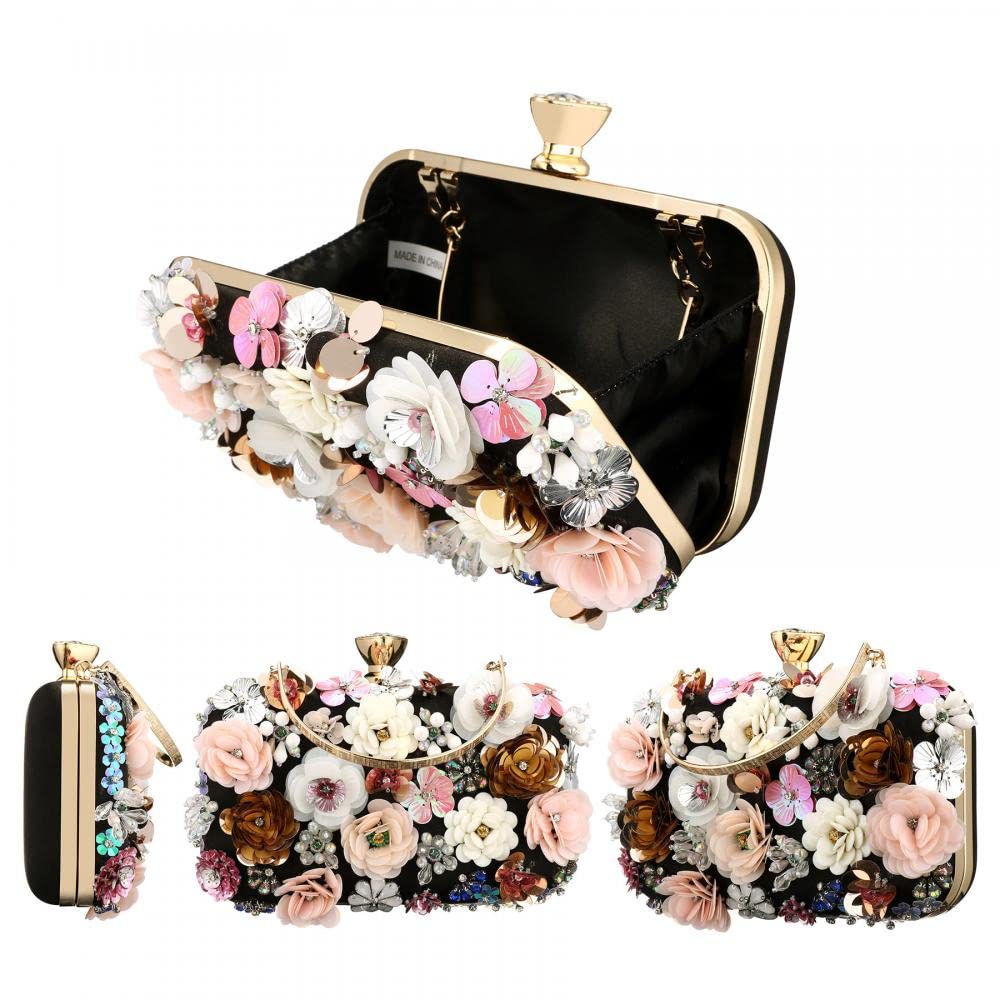 Stylish PU Leather Floral Beaded Clutch Purse for Women - Elegant Wedding Handbag & Clear Crossbody Bag - Perfect for Parties, Date Nights & Special Occasions