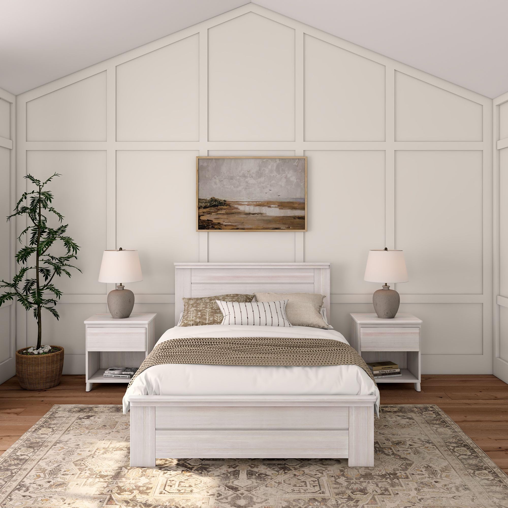 Rustic White Wash Solid Wood Full Bed Frame with Headboard - Sturdy Platform Bed for Bedroom, Guest Room & Farmhouse Decor
