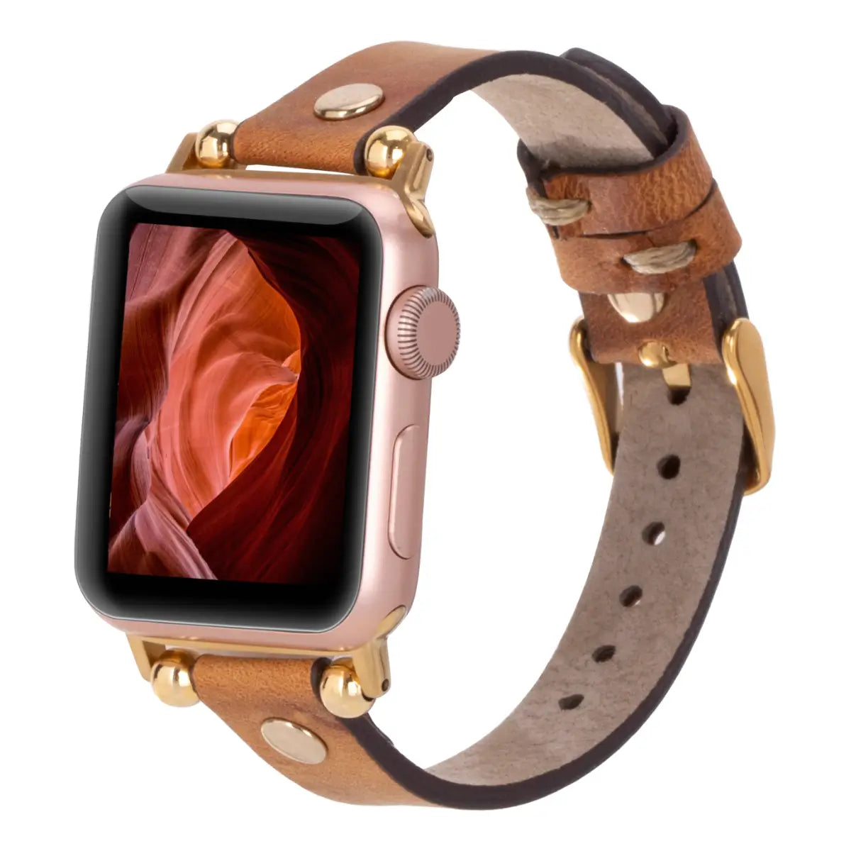 Premium Camel Leather Ultra Slim Apple Watch Band with Gold Rivets - Stylish & Durable for Workouts, Office & Everyday Wear