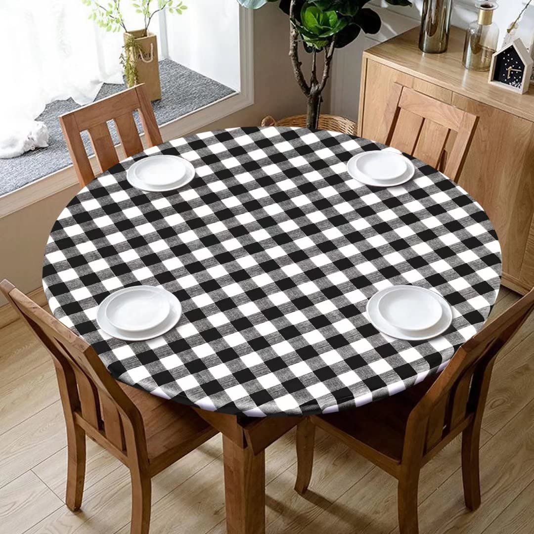 Fitable Vinyl Round Elastic Tablecloth with Flannel Backing - Waterproof Plaid Picnic Table Cover for Indoor & Outdoor Use, Black & White (Fits 57