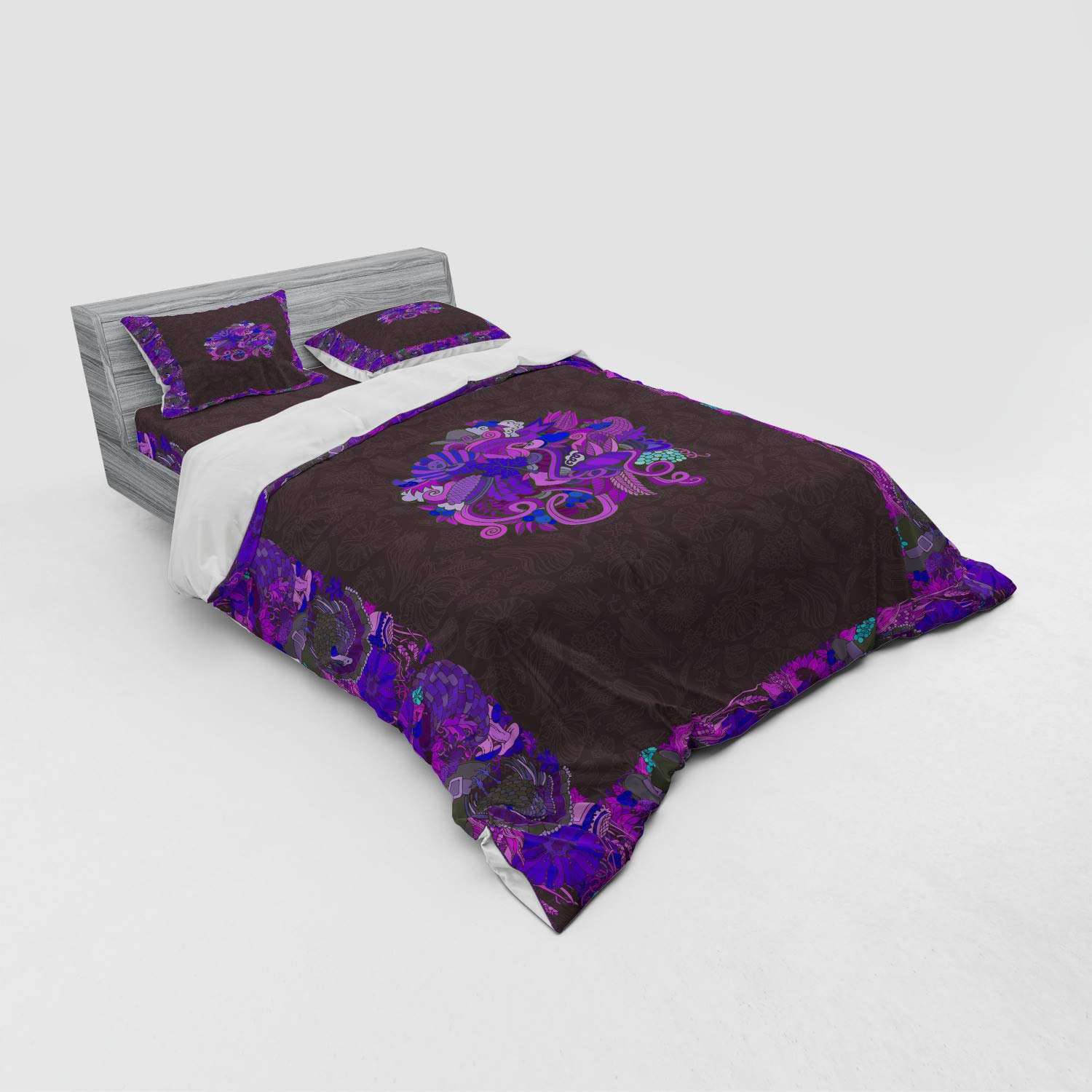 Ambesonne Thanksgiving Duvet Cover Set - 4 Piece Queen Size Bedding with Shams & Fitted Sheet | Fall Harvest Theme Featuring Wreath, Turkey, Pumpkin, Sunflower & Grape Design | Perfect for Autumn Decor, Holiday Guest Rooms & Cozy Seasonal Bedrooms