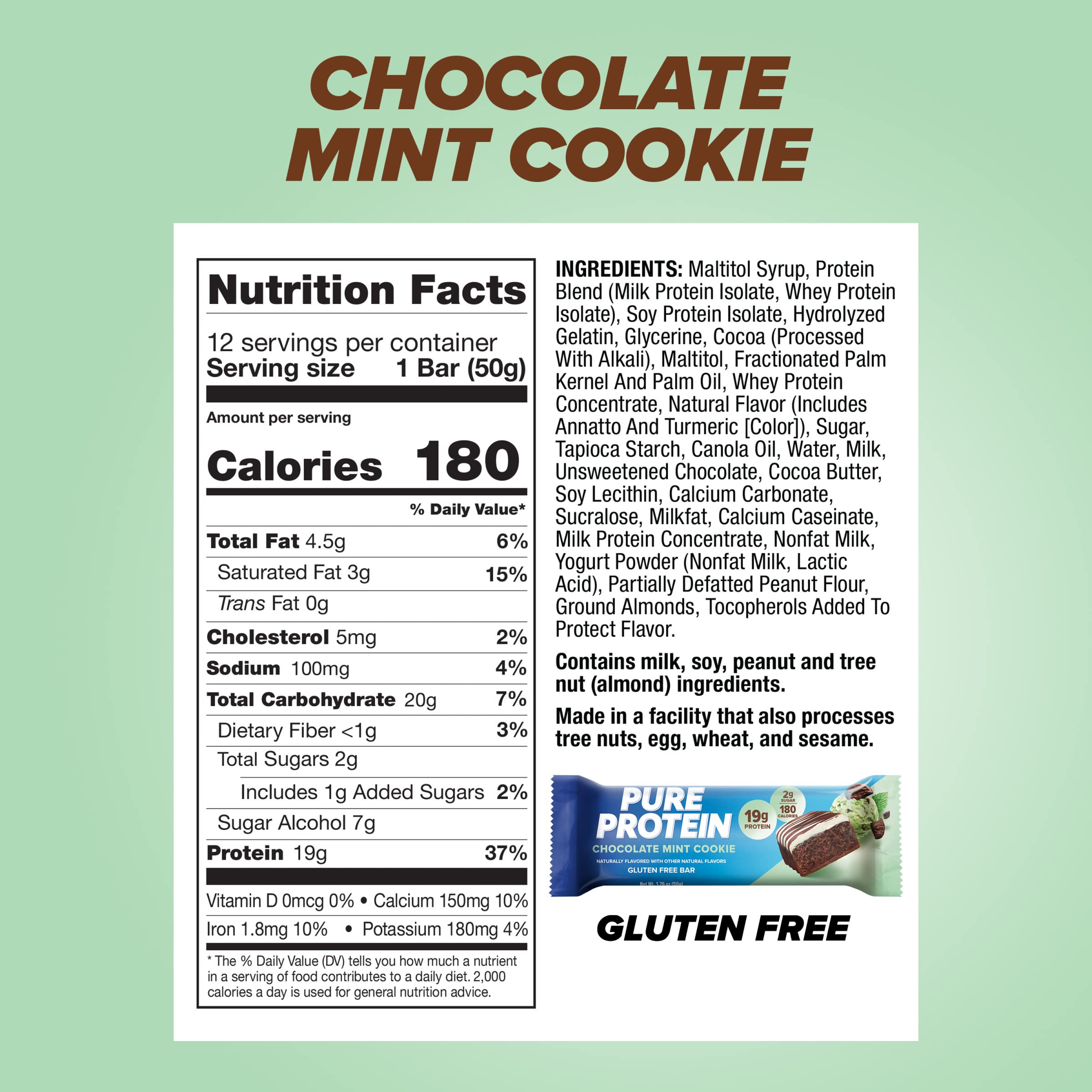 Pure Protein Bars - High Protein, Low Sugar, Gluten Free Snacks for Energy | Chocolate Mint Cookie Flavor | 12 Pack for Workout & Travel