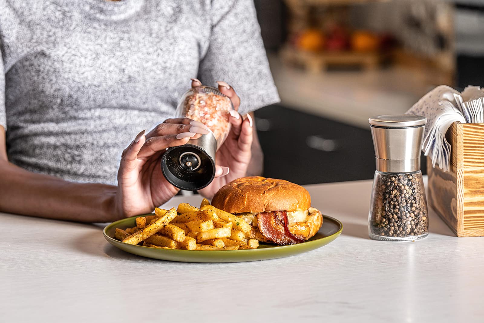 Premium Salt and Pepper Grinder Set with Wood Tray - Adjustable Manual Sea Salt & Peppercorn Mill - Refillable Glass Containers with Stainless Steel Caps - Perfect for Farmhouse Kitchen, Dining Table & Gourmet Cooking