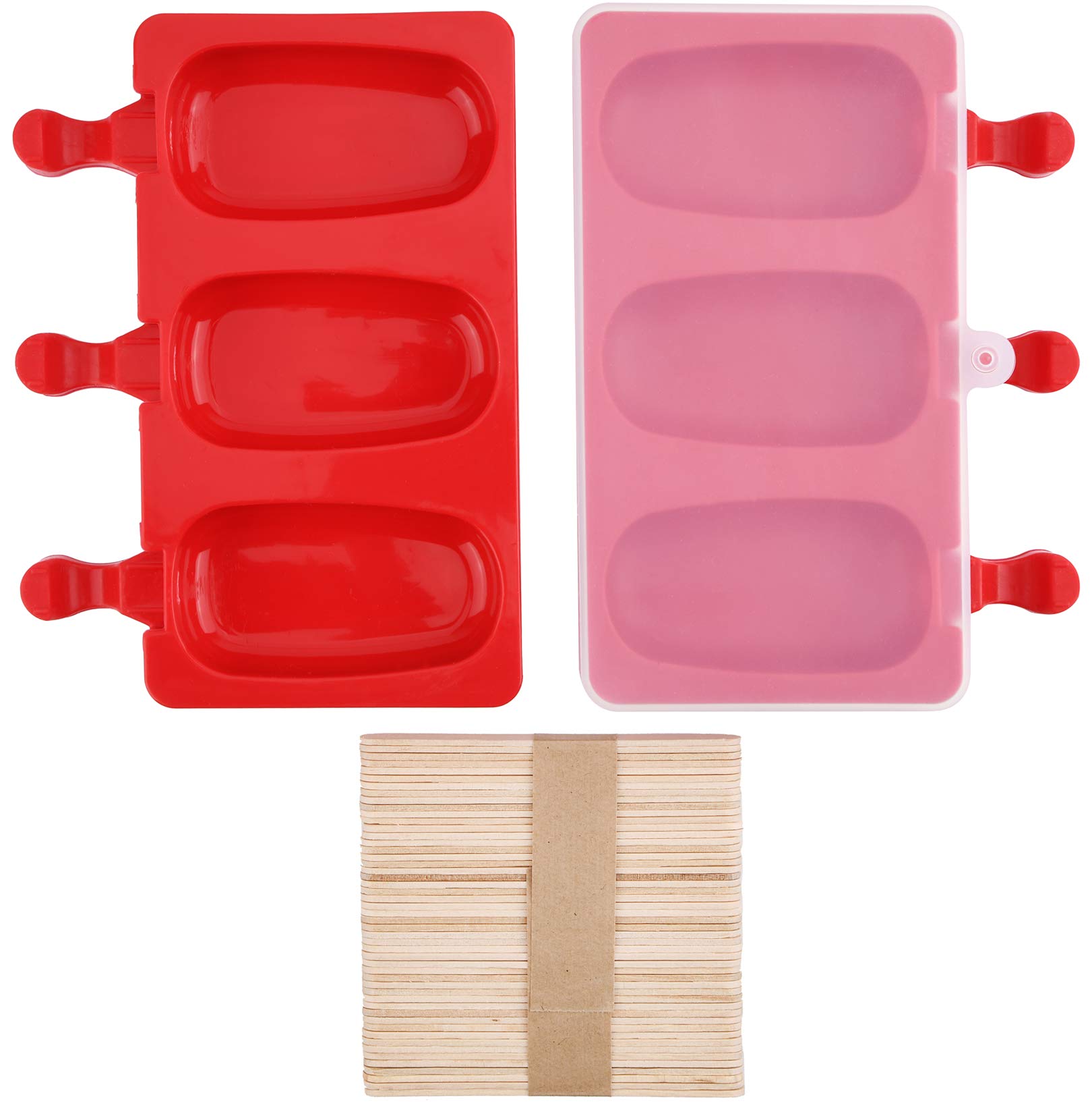 BPA-Free Silicone Popsicle Molds with Lid - 3 Cavity Homemade Ice Cream Bar Maker, DIY Cakesicle & Ice Pop Mold Kit with 50 Wooden Sticks (Set of 2, Oval Shape) - Perfect for Summer Treats, Kids Snacks, and Party Desserts