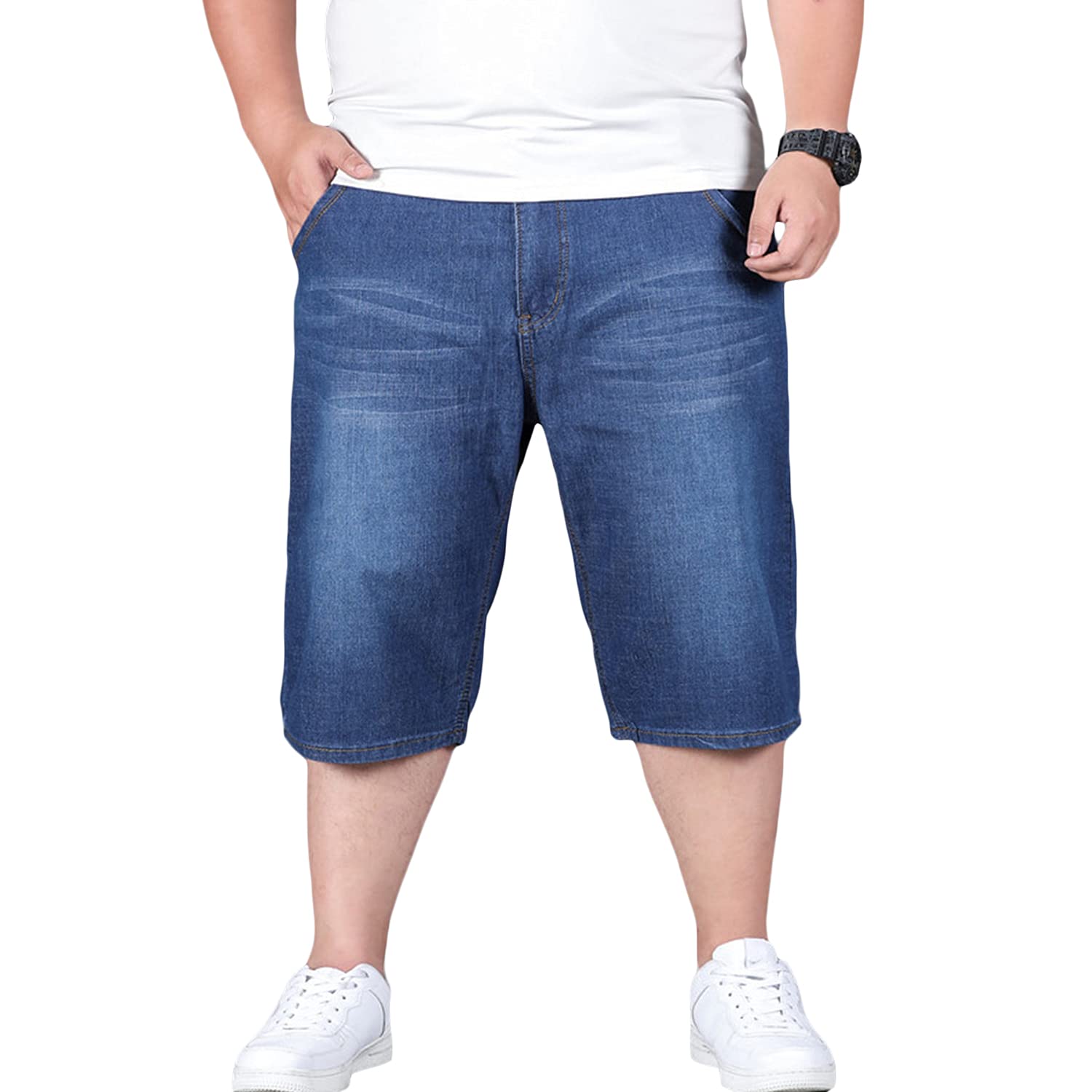 Men's Big & Tall Stretchy Denim Shorts - Loose Fit 3/4 Length Baggy Jean Shorts for Hip Hop Style | Plus Size Casual Wear for Summer & Street Fashion