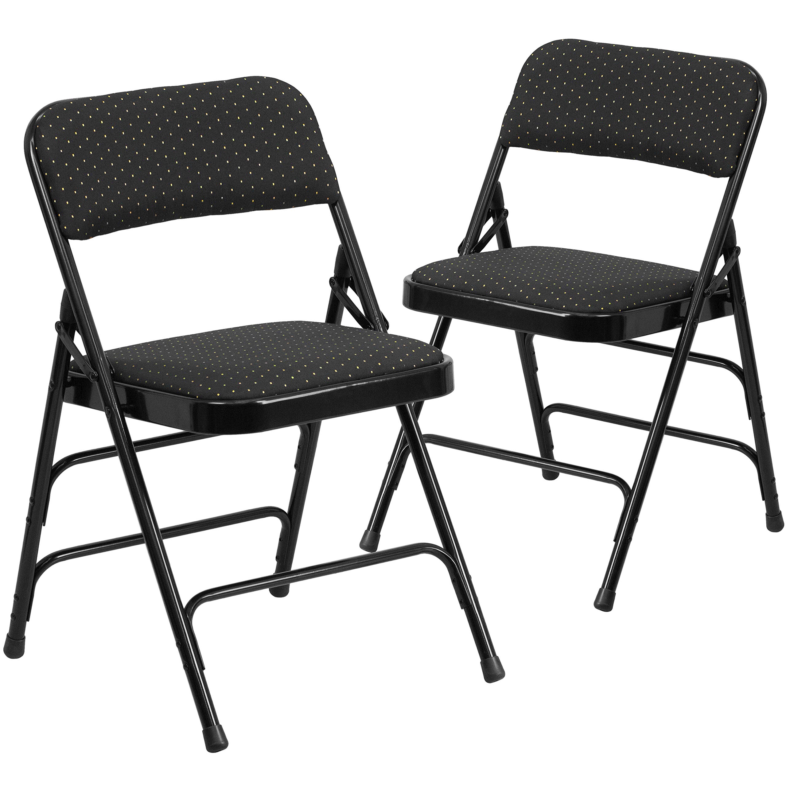 EMMA + OLIVER 2 Pack Black Patterned Metal Folding Chairs - Heavy Duty Triple Braced Curved Design for Indoor/Outdoor Events, Parties, Weddings & Camping