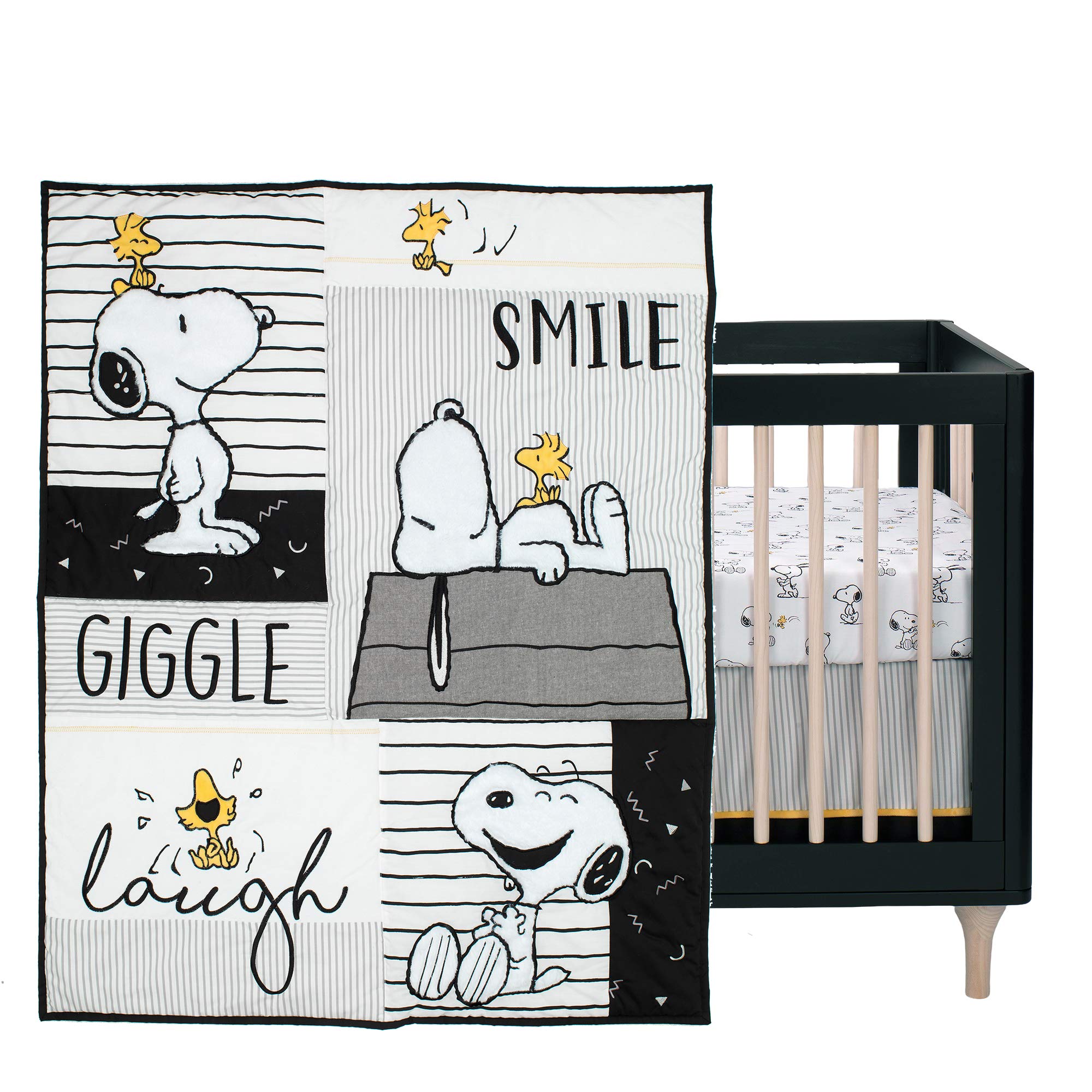 Lambs & Ivy Classic Snoopy 3-Piece Baby Crib Bedding Set - White, Black & Gray - Soft Nursery Bedding for Boys & Girls - Perfect for Baby Showers & Newborn Gifts