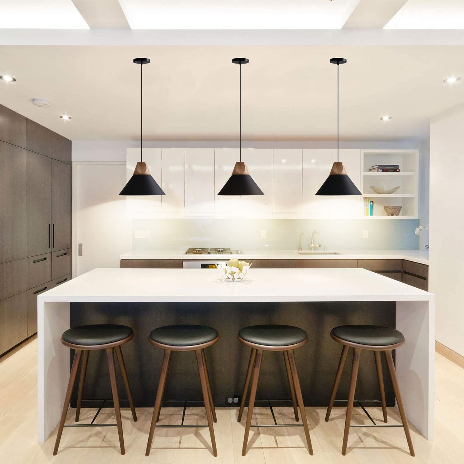 Modern Matte Black Pendant Light - Solid Wood Ceiling Hanging Lamp for Kitchen Island, Dining Room & Coffee Bar (3-Pack) - Perfect for Farmhouse, Industrial & Contemporary Home Decor