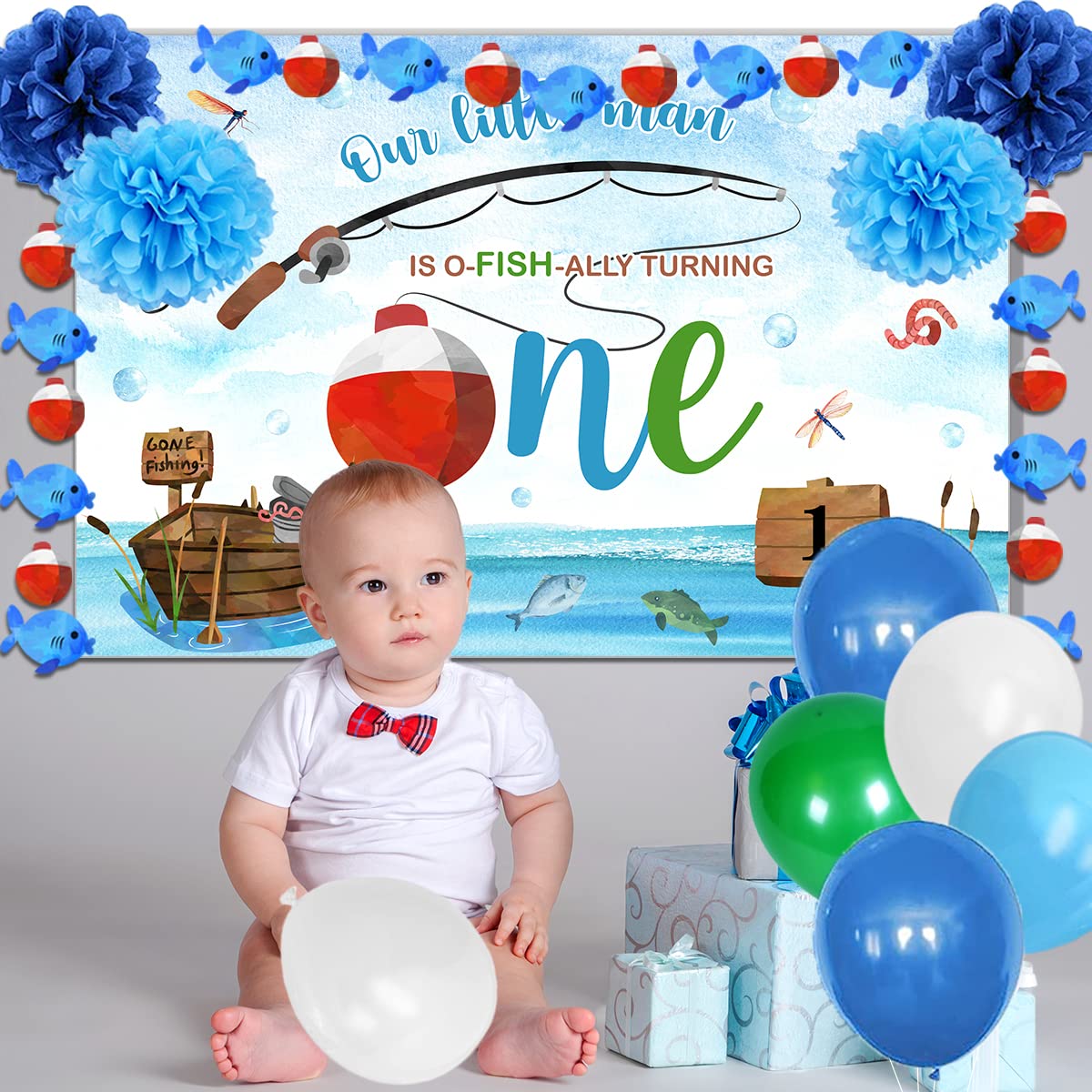 Ofishally One Fishing Theme 1st Birthday Banner - Highchair Decoration, Backdrop & Party Supplies for Boys | Perfect for First Birthday Decor, Photo Backdrops & Themed Celebrations