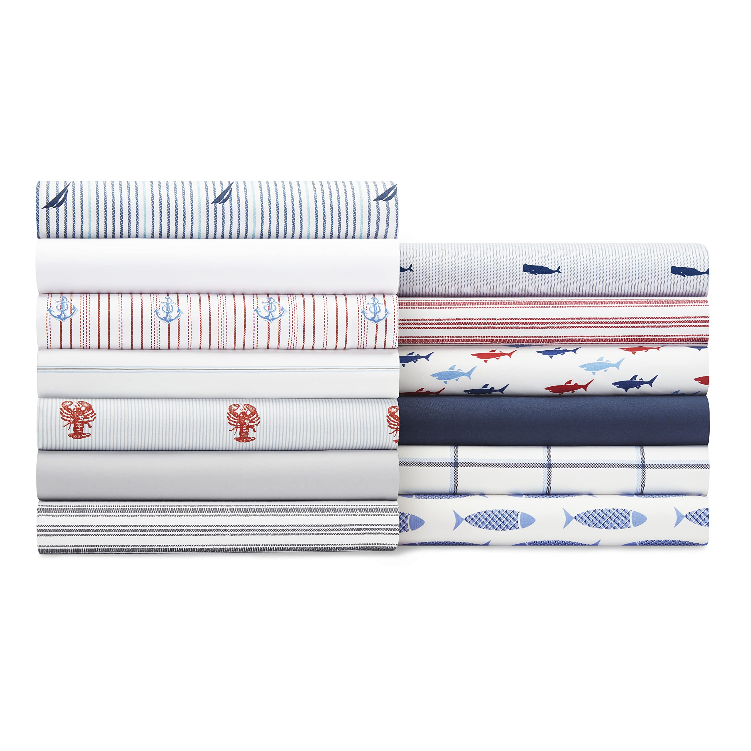 Nautica Queen Sheets - 100% Cotton Percale Bedding Set | Crisp & Cool Coastal Style | Woodblock Fish Blue | Perfect for Beach House, Guest Room & Summer Sleep