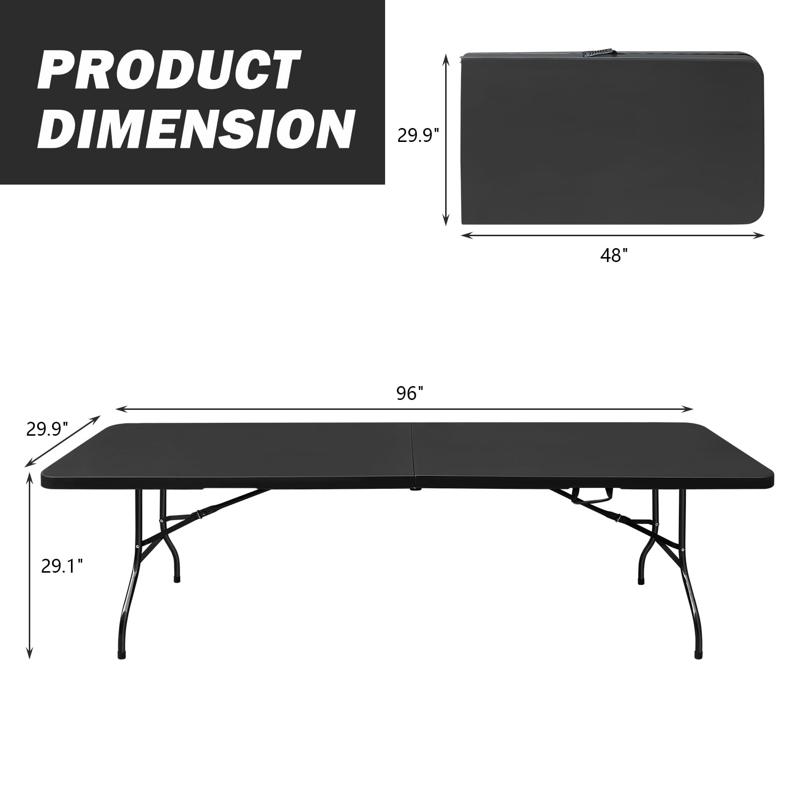 Heavy Duty Portable Folding Table 4ft/6ft/8ft - White & Black Plastic Picnic Dining Table for Camping, Parties, Kitchen, Indoor & Outdoor Use - Fold-in-Half Design for Easy Storage & Transport
