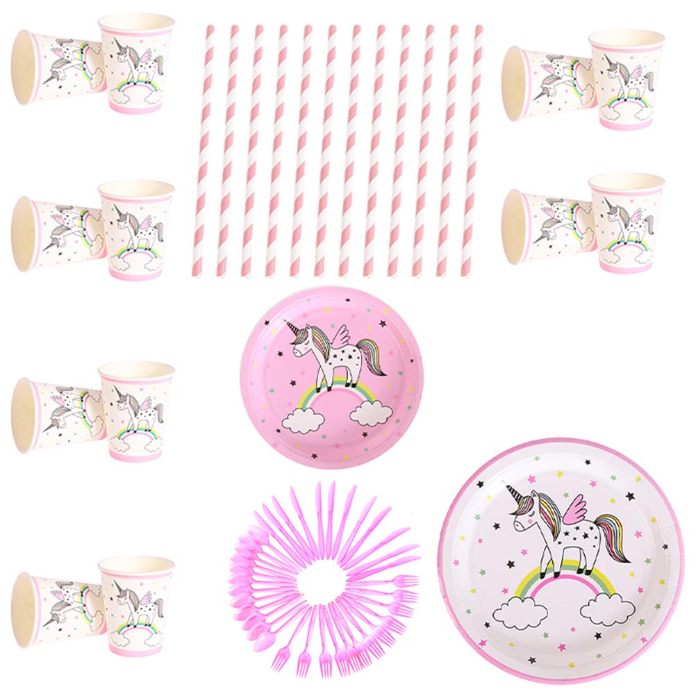 Unicorn Rainbow Party Set - 8-Piece Tableware Kit (White & Pink) for Birthday, Baby Shower & Kids Party Decorations | Plates, Cups & Party Supplies by PartyKindom
