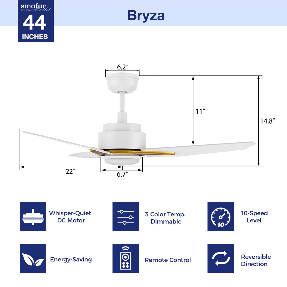 Bryza 44 Inch LED Ceiling Fan with Remote Control - 10 Speed Settings, Quiet Reversible Motor, Modern Flush Mount Design - Perfect for Bedroom, Living Room, and Indoor Spaces