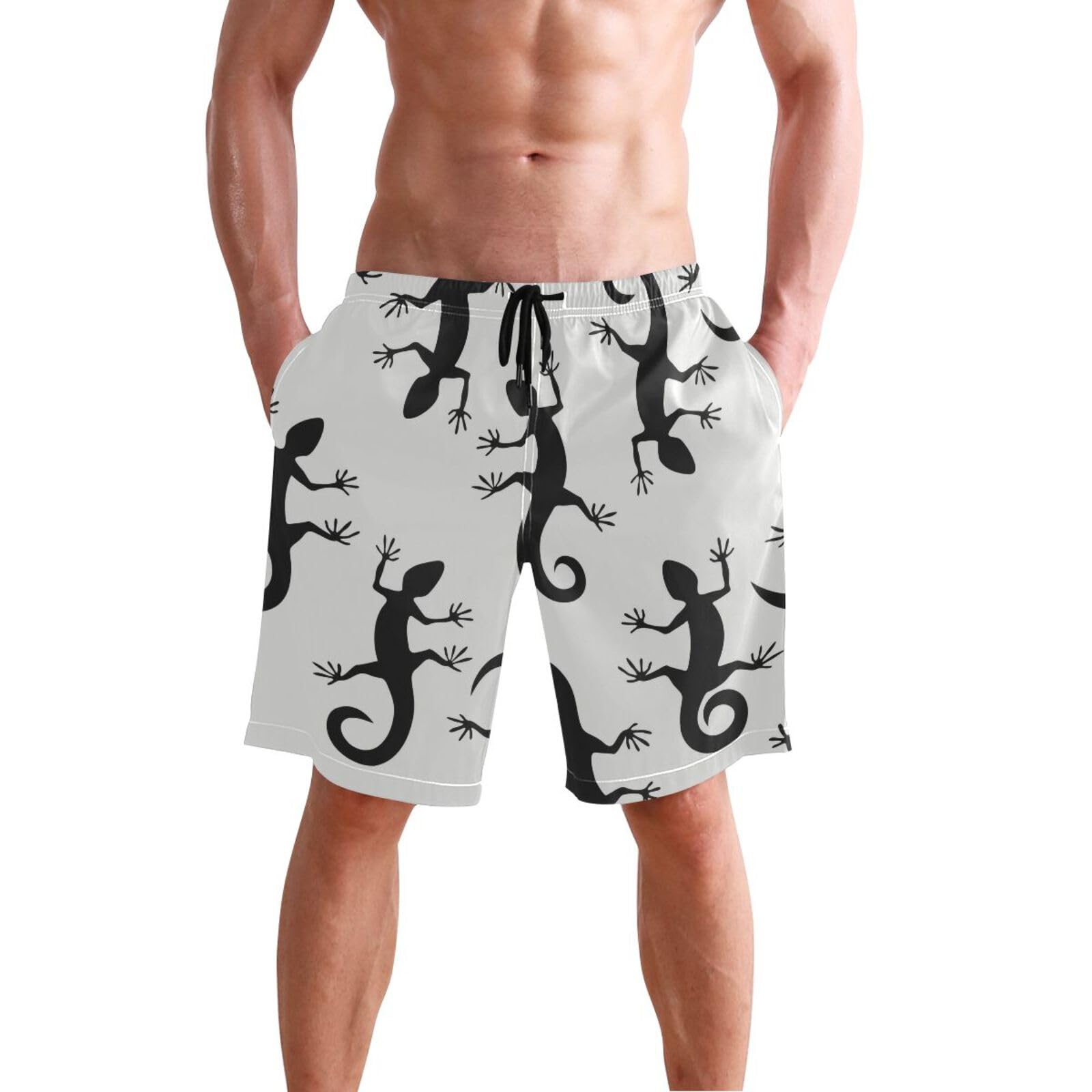 **Men's Quick Dry Swim Trunks - Black Lizard Print Beach Shorts for Swimming, Surfing & Water Sports | Comfortable Bathing Suits for Pool, Vacation & Summer Activities**