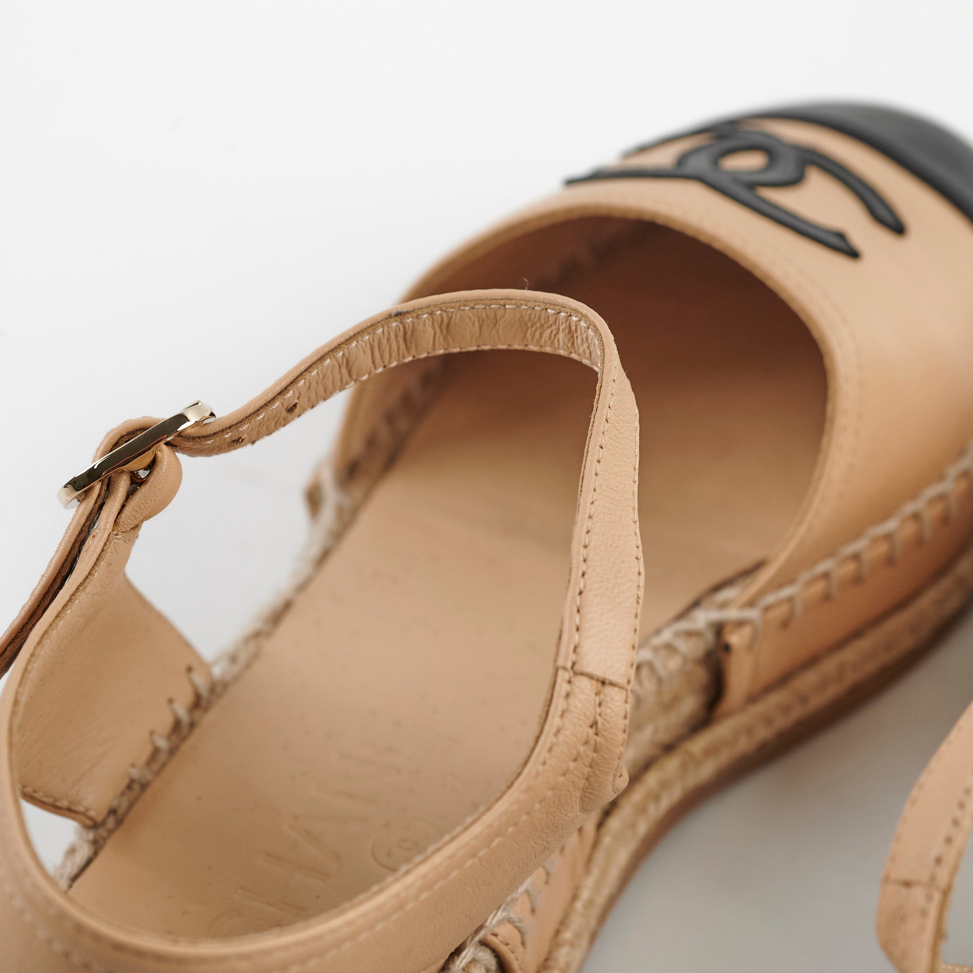 Chanel Beige & Black Open-Toe Espadrilles Flats - Size 36 | Comfortable Summer Sandals for Beach, Vacation & Casual Outings