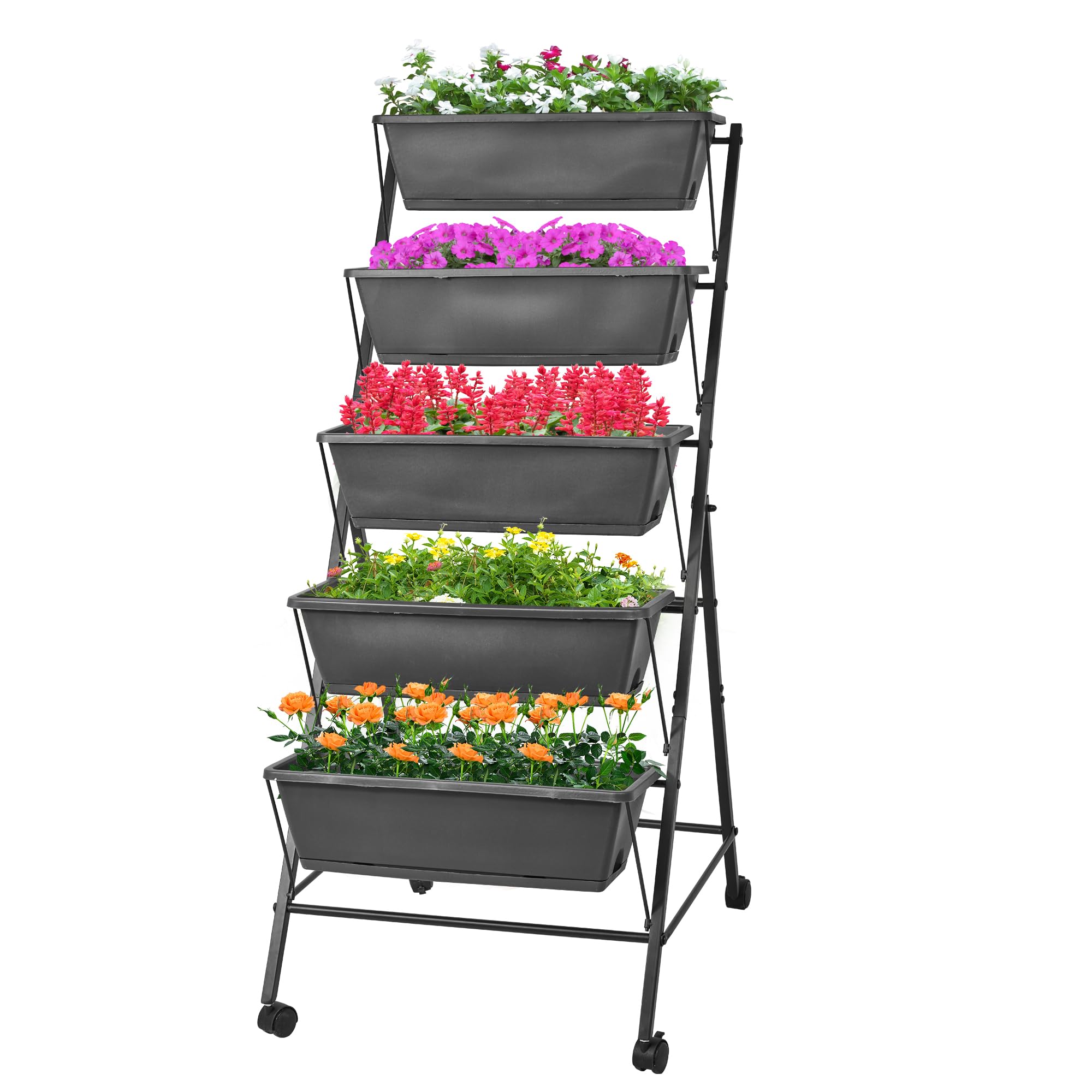 GENMOUS 5-Tier Vertical Raised Garden Bed - 45FT Tall Elevated Planter Box with Drainage Holes & Removable Tray - Outdoor Herb Flower Stand for Patio, Balcony, Porch - Perfect for Small Space Gardening, Urban Farming & Homegrown Vegetables (Black)