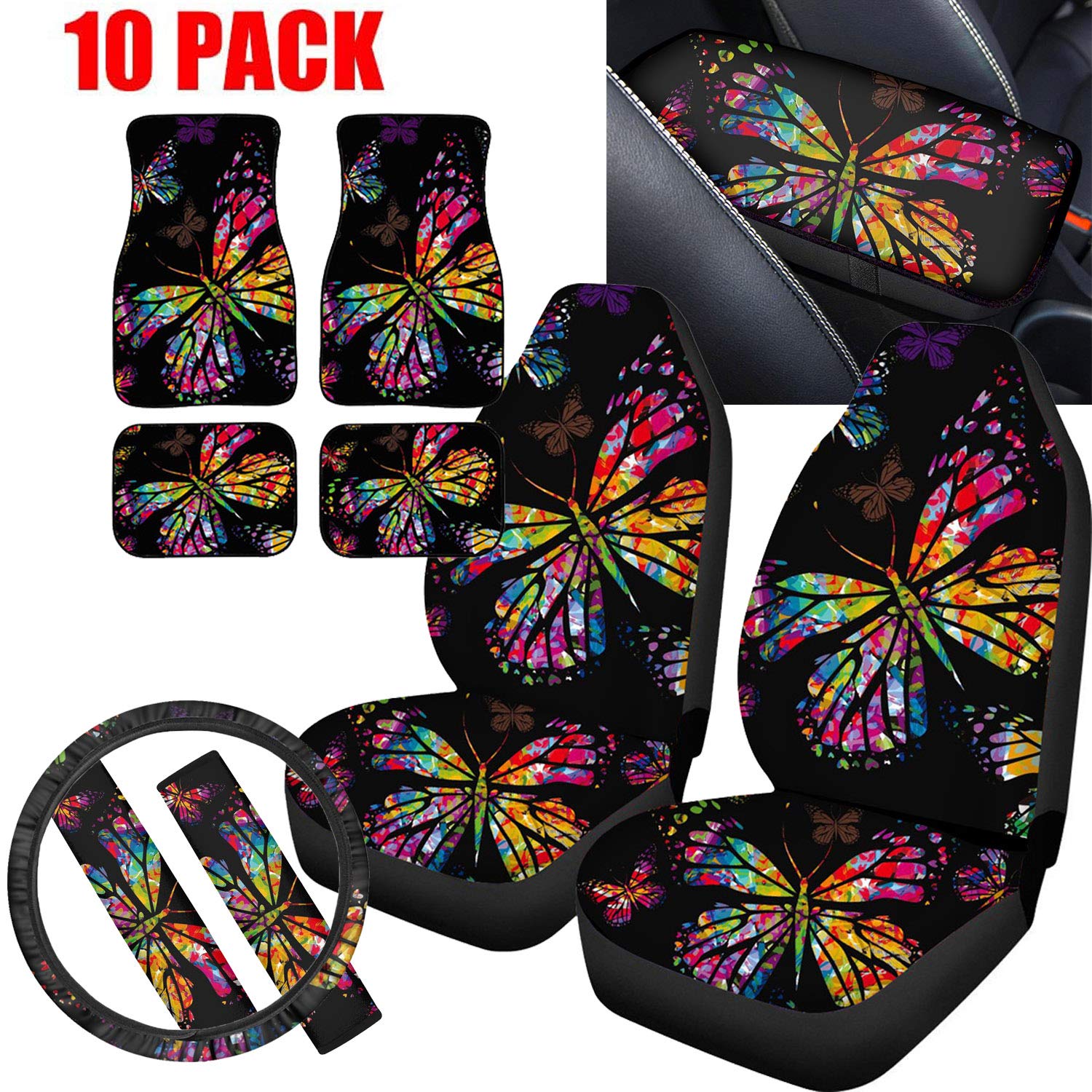 ELEQIN 10-Piece Black Truck Car Accessories Set - Neoprene Floor Mats, Seat Covers, Steering Wheel Cover, Seat Belt Pads & Armrest Cushion | Durable Interior Protection for Pickup Trucks & SUVs | Perfect for Off-Roading, Daily Commute & Family Road Trips
