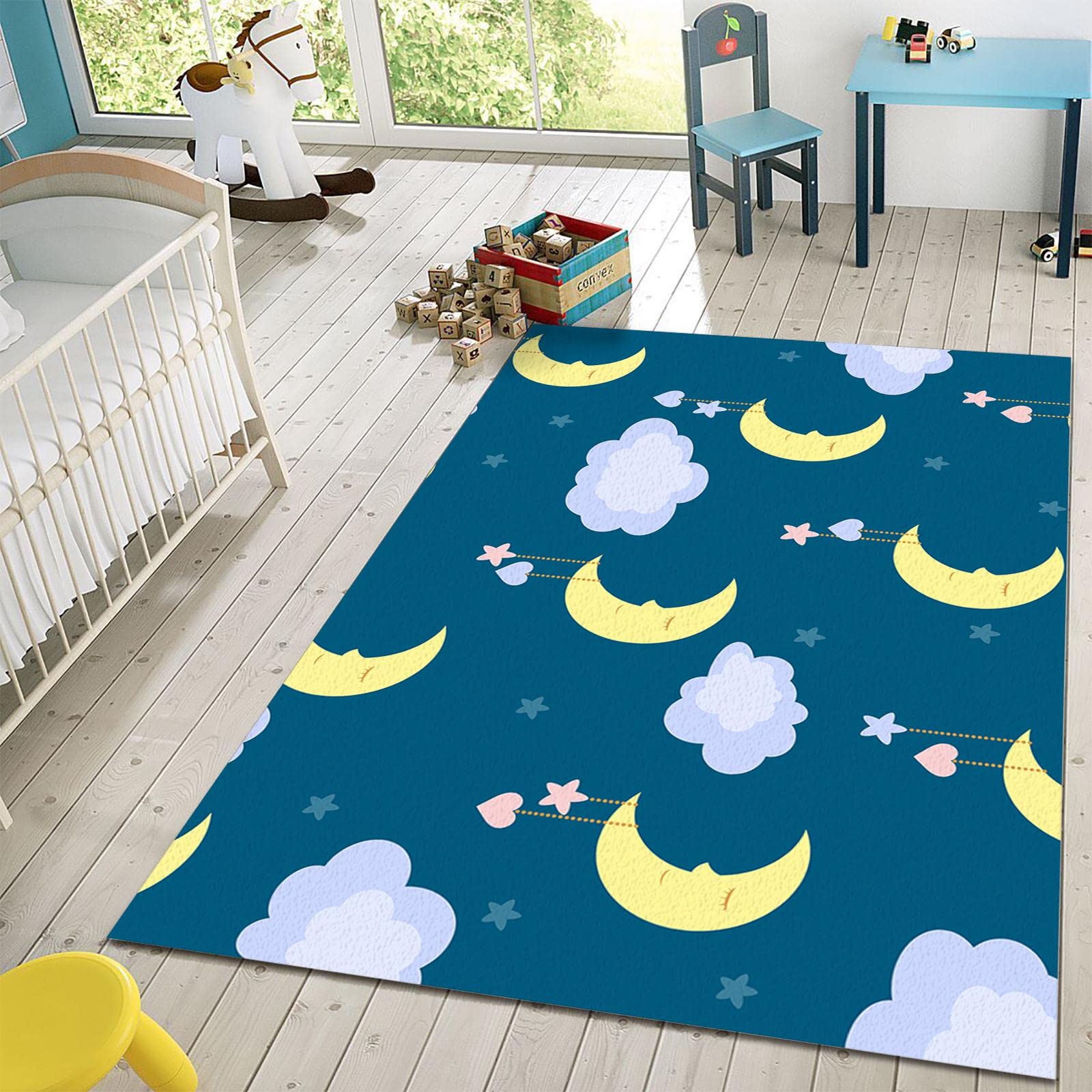 Starry Sky Cartoon Moon & Clouds Area Rug - Soft Washable Non-Slip Kids Carpet 5x7ft for Bedroom, Living Room, Nursery & Playroom - Cozy Floor Decor for Boys & Girls