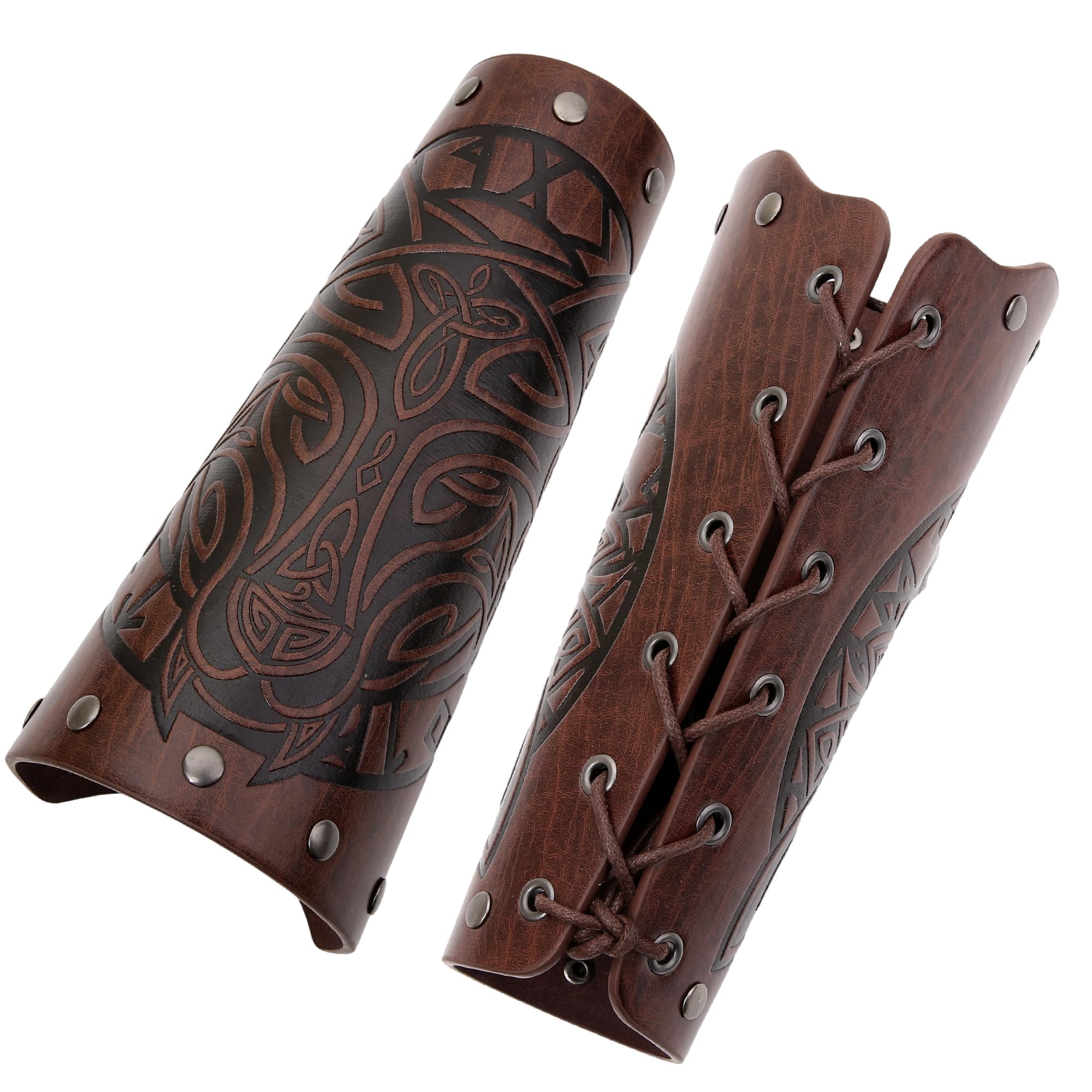Viking Leather Bracers - Medieval Wolf Embossed Arm Guards, Handmade Leather Cuffs & Gauntlets for LARP, Cosplay, Renaissance Fairs & Historical Reenactment