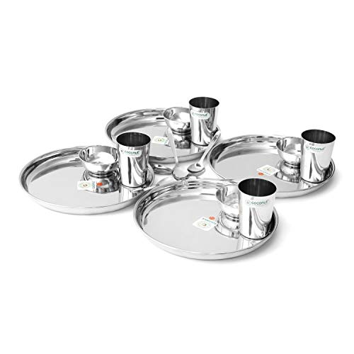 Premium 18-Piece Stainless Steel Mirror Finish Dinnerware Set - Heavy Gauge Coconut Design for Elegant Dining, Entertaining & Gifting | Durable Compact Serveware for Restaurants, Weddings & Home Use