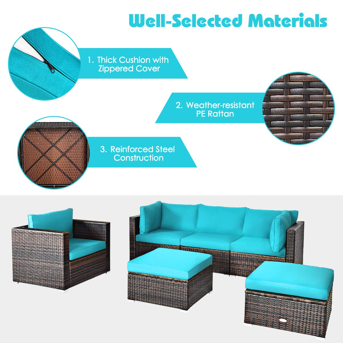 HappyGrill 6-Piece Patio Conversation Set - Outdoor Rattan Wicker Sectional Sofa with Cushions, Coffee Table & Ottoman - Perfect for Backyard, Garden, Poolside & Deck Relaxation