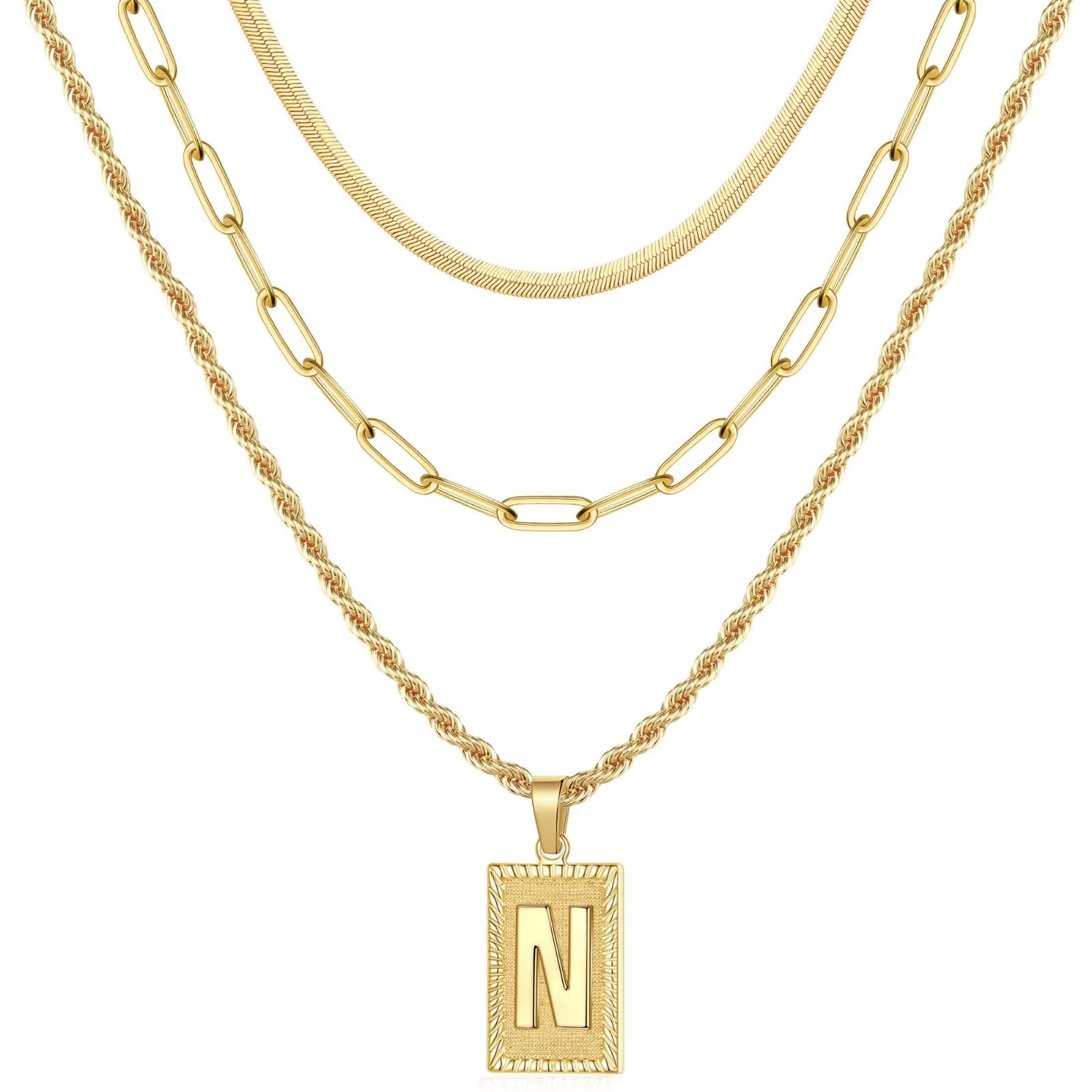 14K Gold Plated Layered Initial Necklace for Women - Dainty Paperclip Chain, Snake Choker & Square Pendant Letter Jewelry | Perfect for Layering, Everyday Wear, Gift Giving & Special Occasions