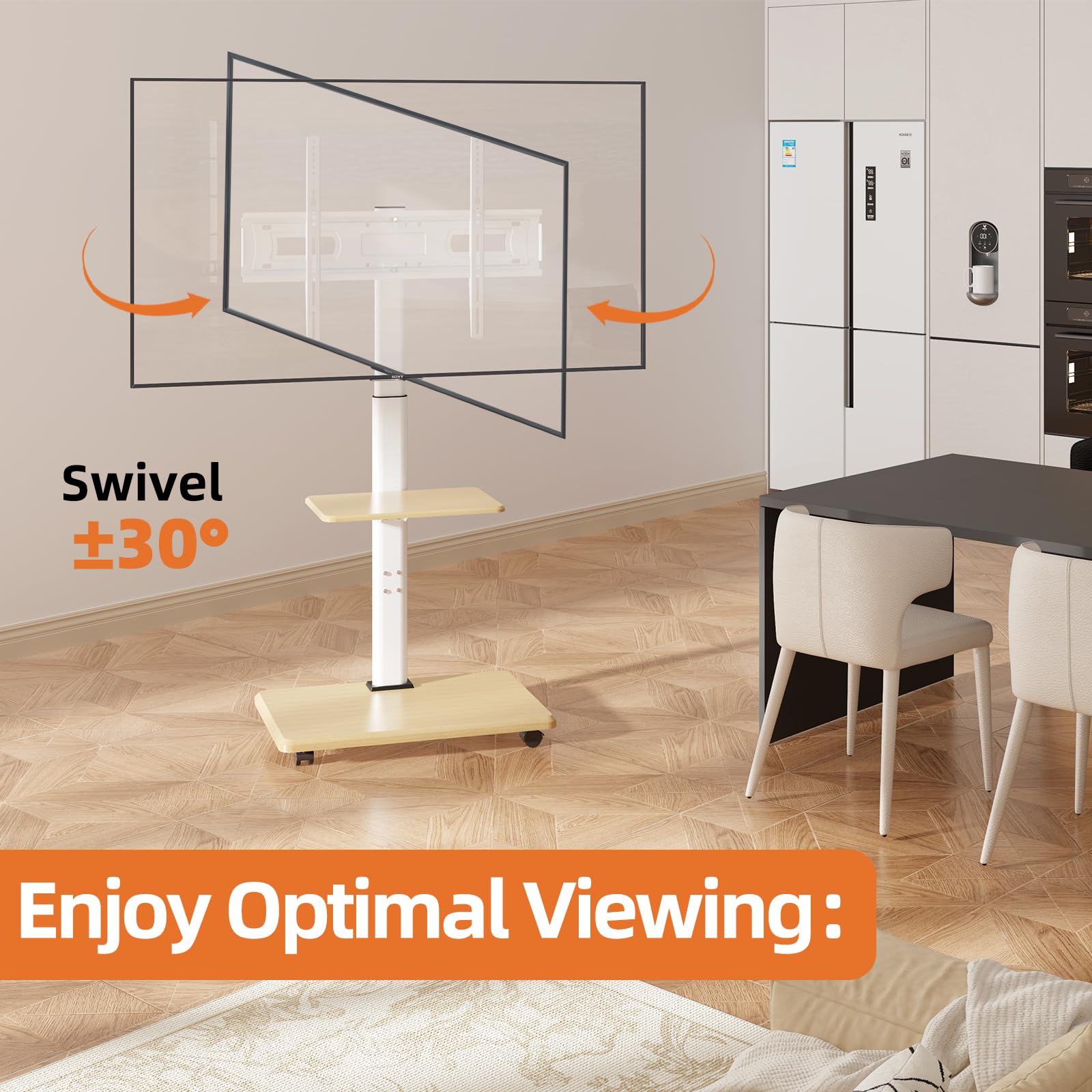 Mobile TV Stand with Wheels for 32-75 Inch Flat Screen TVs - Adjustable Height Swivel Rolling Cart with Wood Shelf | Perfect for Bedroom, Living Room & Home Office Entertainment Setup