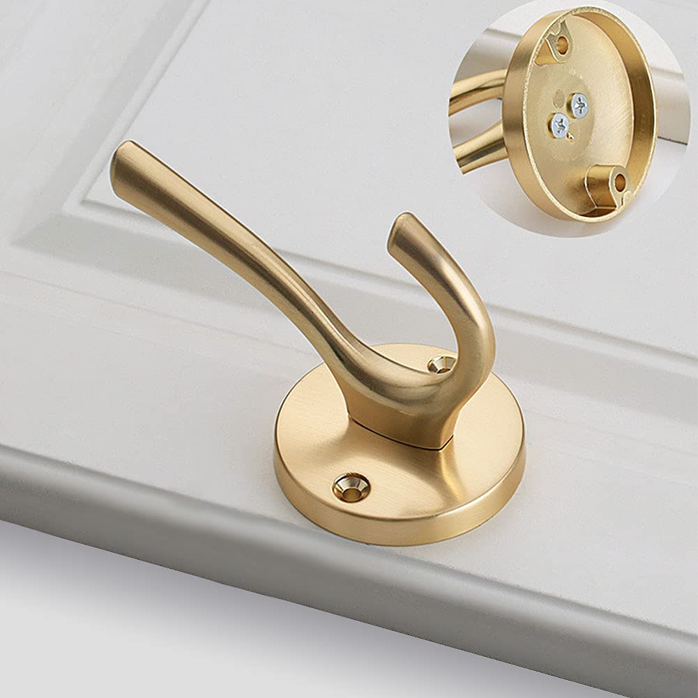 CALIDAKA 4 Pack Gold Wall Hooks - Heavy Duty Metal Coat Hooks for Hanging Coats, Hats & Towels - Double Hooks for Bathroom, Bedroom & Entryway - Rustproof Wall Mounted Hooks for Home & Office Organization