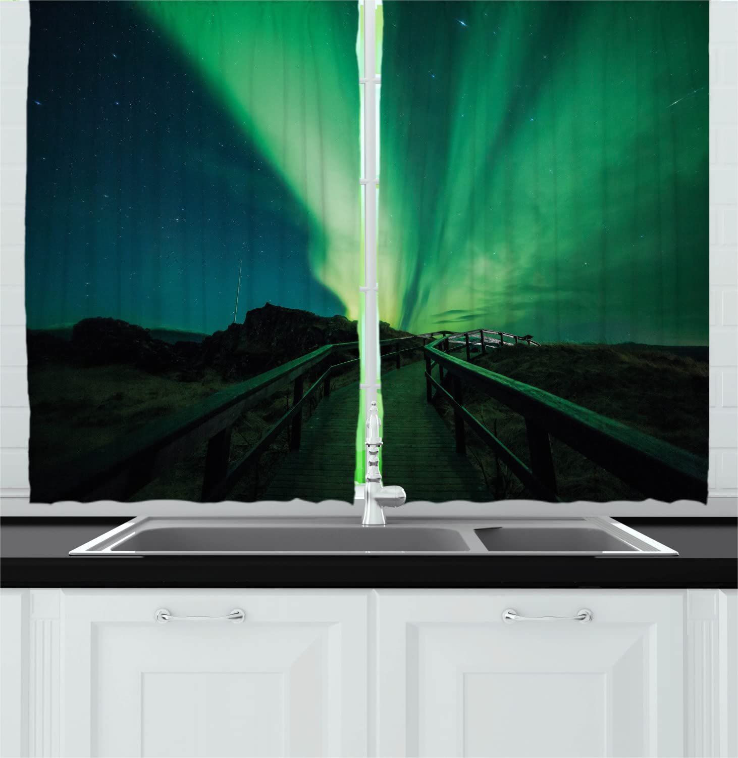 Ambesonne Aurora Borealis Long Kitchen Curtains - Wooden Bridge Solar Sky Scenic Radiant Rays Arctic Magic Scenery - 2 Panel Drapes with Rod Pocket - 55