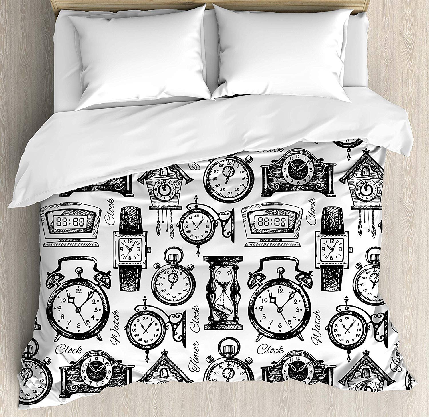4-Piece Twin Size Vintage Monochrome Clock Print Duvet Cover Set - Includes Flat Sheet, Quilt & 2 Pillowcases for Kids, Teens & Adults | Luxury Bedding for Modern Bedrooms & Guest Rooms