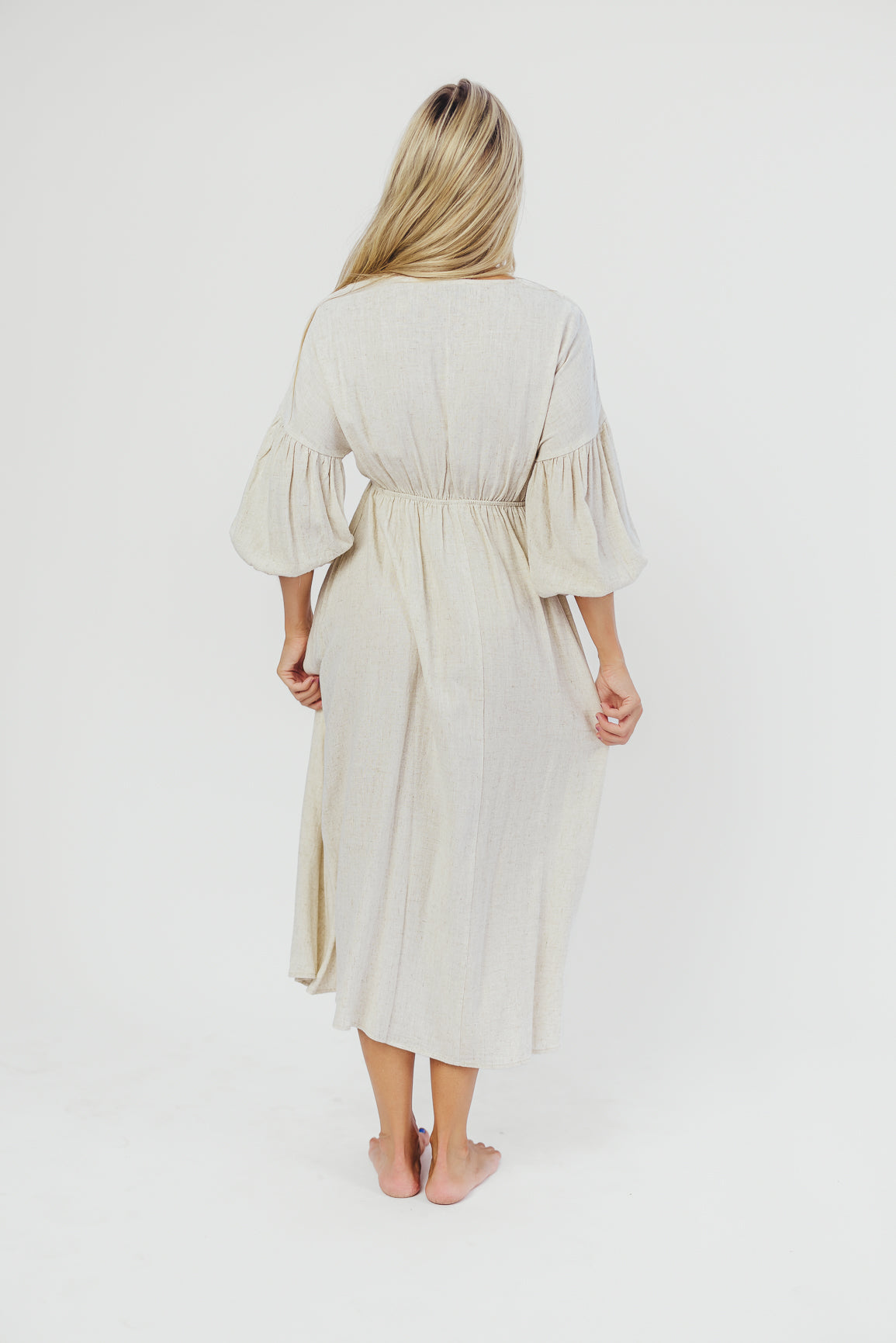 Hunter Linen Blend Midi Dress in Greige - Bump Friendly Maternity Dress, Inclusive Sizing (XS-3X) | Breathable Summer Dress for Pregnancy, Nursing, Beach & Casual Wear