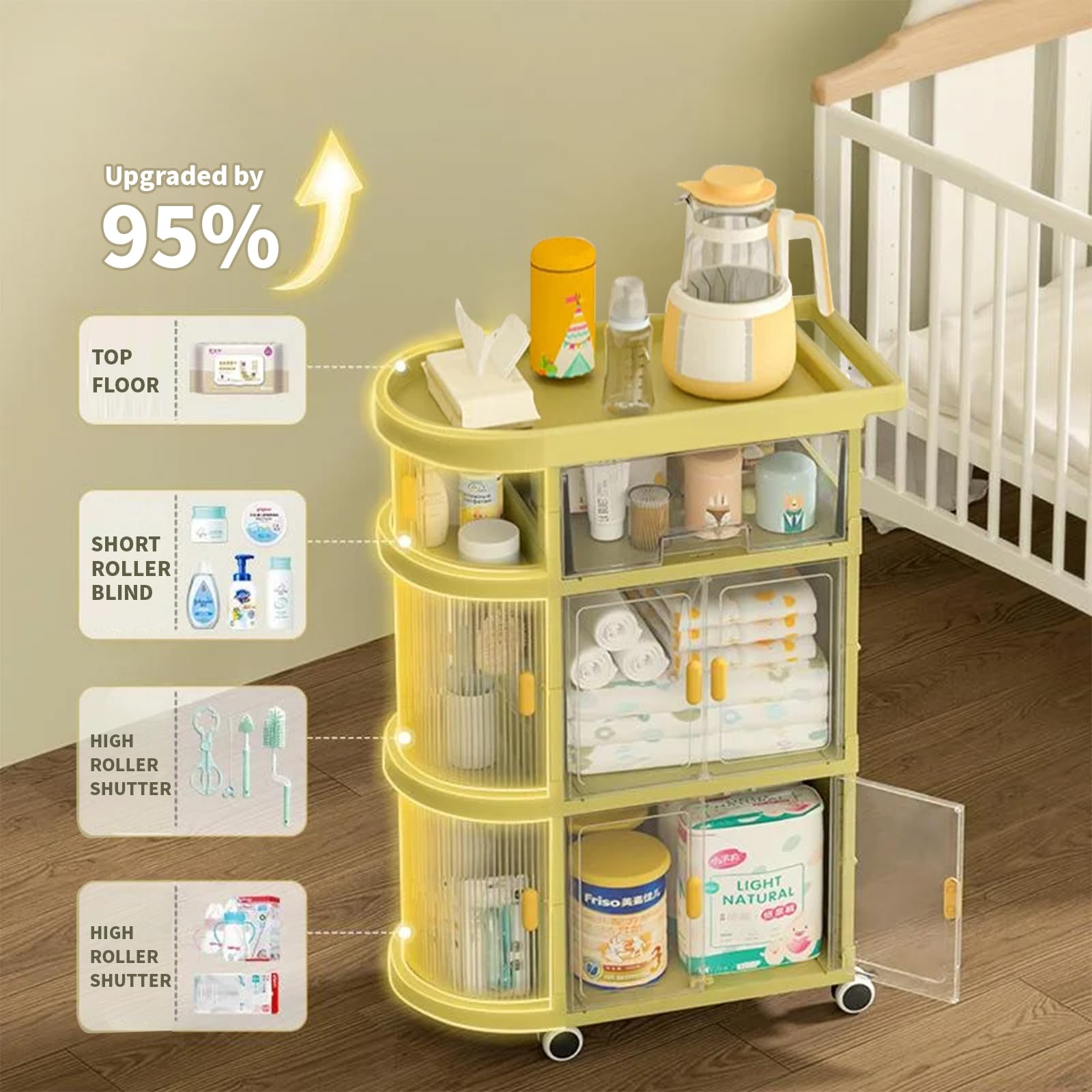 ASHAMX1 Baby Cart Organizer - 3-Tier Rolling Diaper Caddy with Wheels & Drawers, Portable Nursery Storage for Diapers, Wipes, Toys - Perfect for Nursery, Bedroom & On-the-Go Parents