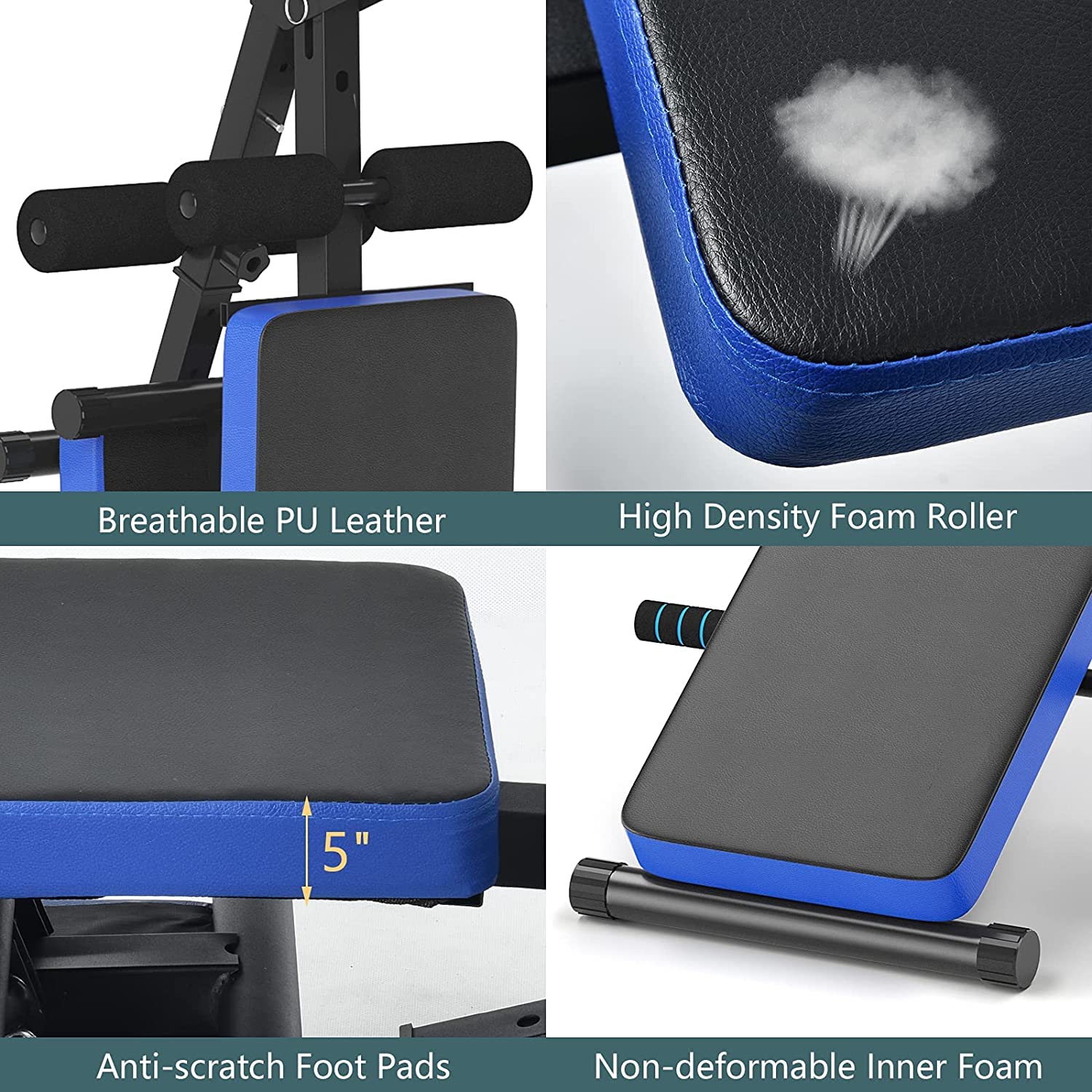 Adjustable Multi-Function Sit Up Bench - 5-Position Weight Bench with Heavy-Duty Steel Frame, Foldable Home Gym Equipment for Strength Training & Core Workouts (Blue & Black) - Perfect for Home Fitness, Small Spaces & Full-Body Workouts