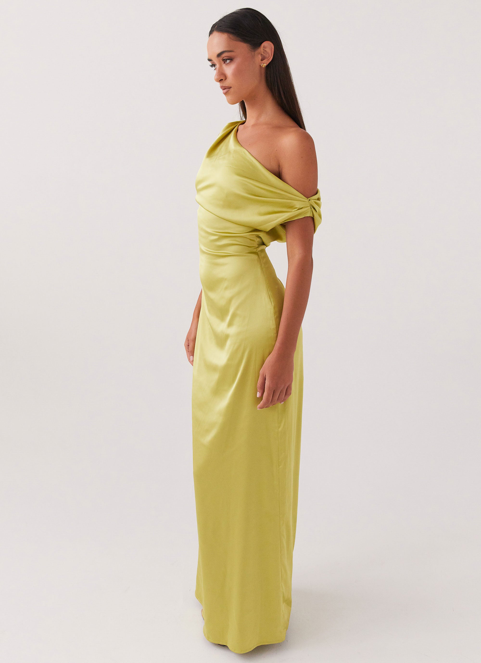 Elegant Heart of Glass Satin Maxi Dress in Chartreuse Green | Women's Formal Evening Gown for Weddings, Parties & Special Occasions