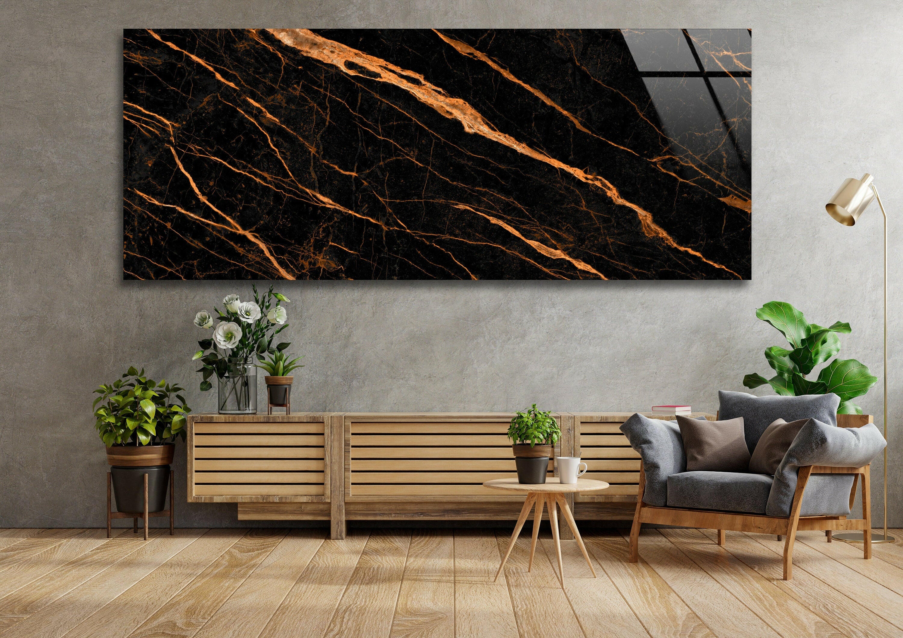 Black Marble with Orange Veins Glass Wall Art - Modern Abstract Home Decor for Living Room, Bedroom & Office - Shatterproof Tempered Glass Wall Hanging