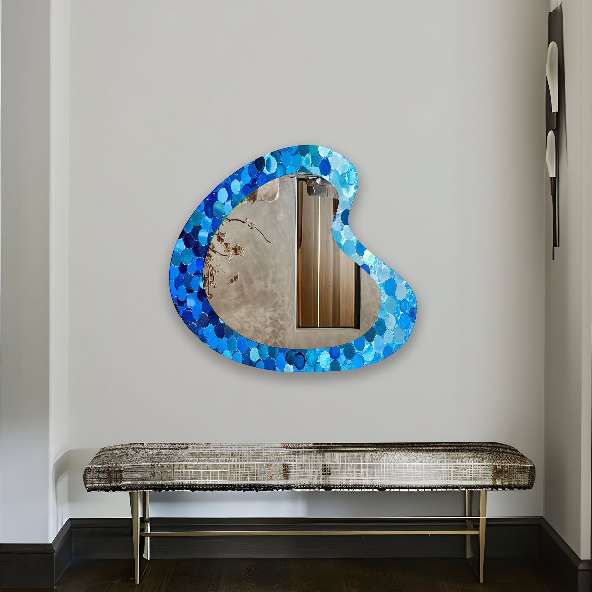 Blue Bubbles Decorative Glass Wall Mirror - Elegant Round Bathroom Vanity Mirror for Bedroom & Living Room Decor