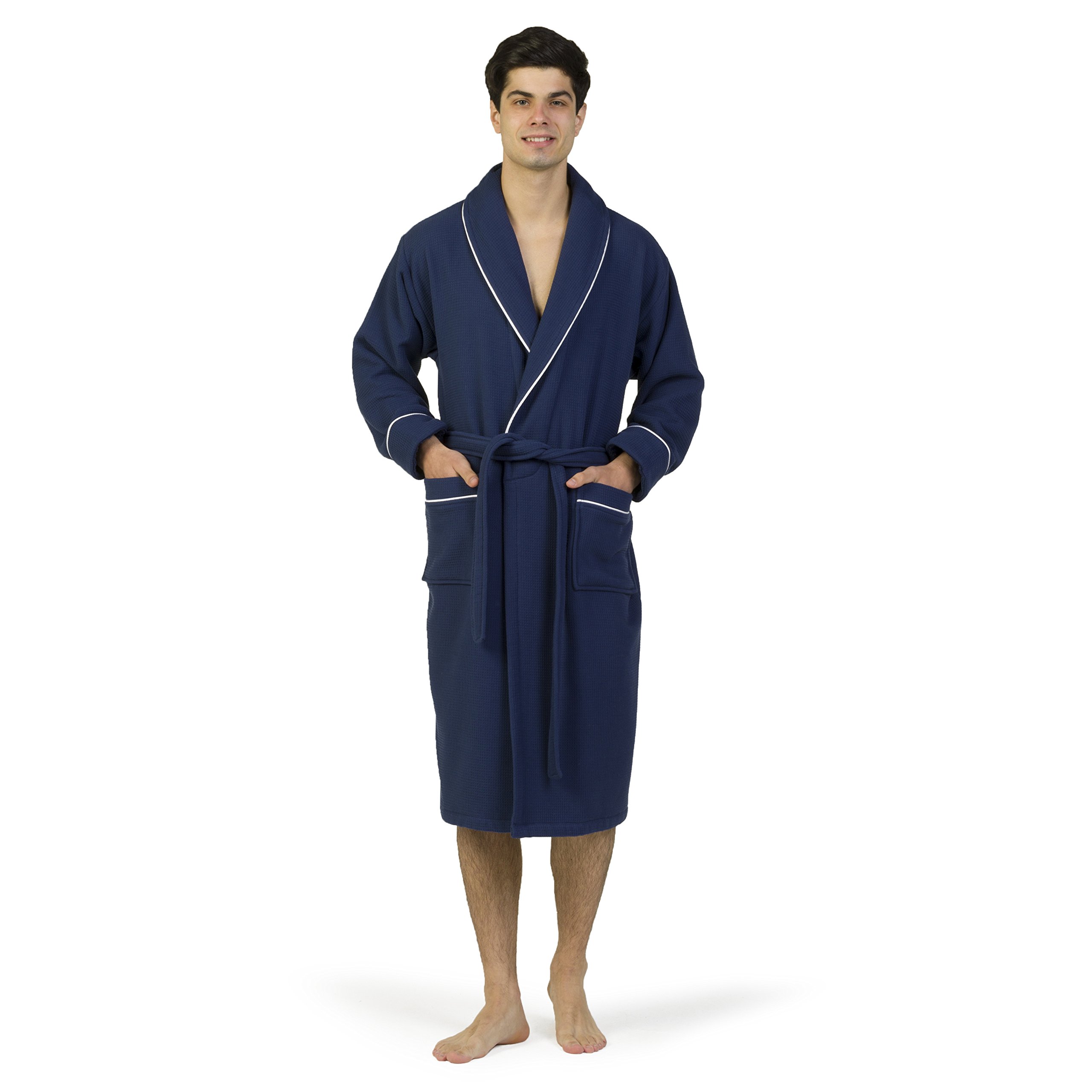 Premium 100% Turkish Cotton Waffle Terry Bathrobe for Women & Men - Soft Absorbent L/XL Navy Blue Spa Robe - Perfect for Bath, Poolside & Luxury Hotel Experience
