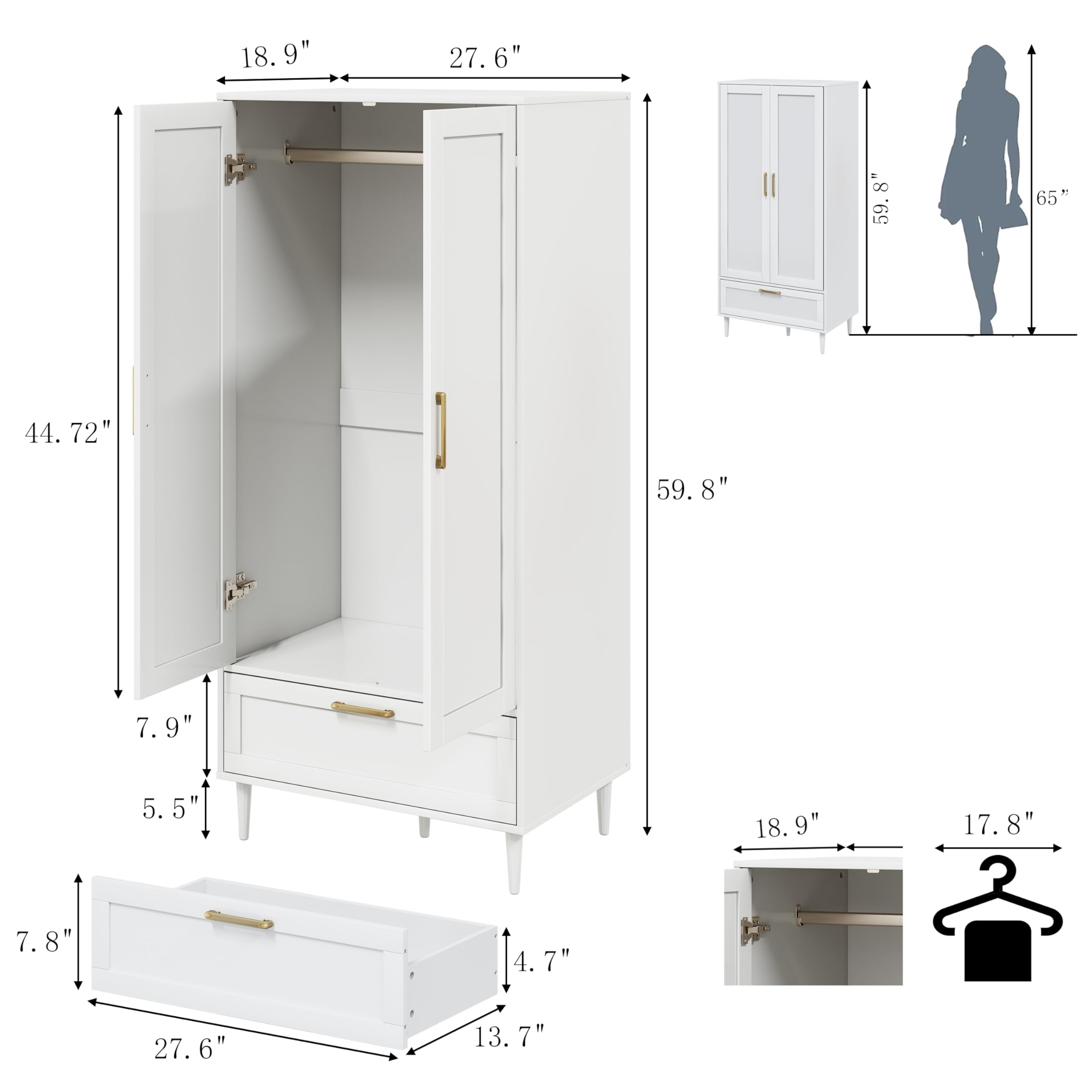 60 Inch White Modern Armoire Wardrobe Closet with Hanging Rod & Drawers - 2 Door Storage Cabinet for Bedroom Clothes Organization | Perfect for Small Spaces & Master Bedrooms