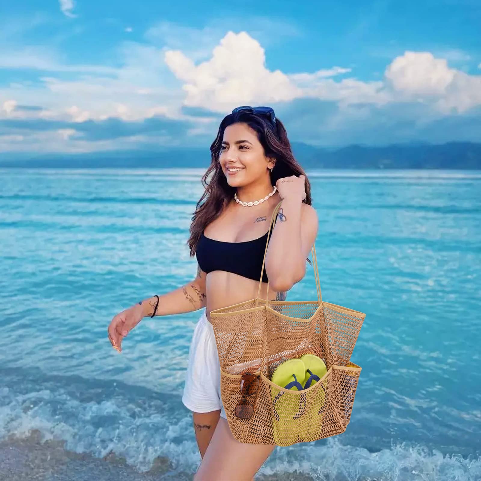 **Large Mesh Beach Tote Bag for Women - Waterproof Pool Bag with Multiple Pockets - Perfect for Family Travel, Swimming & Beach Outings**