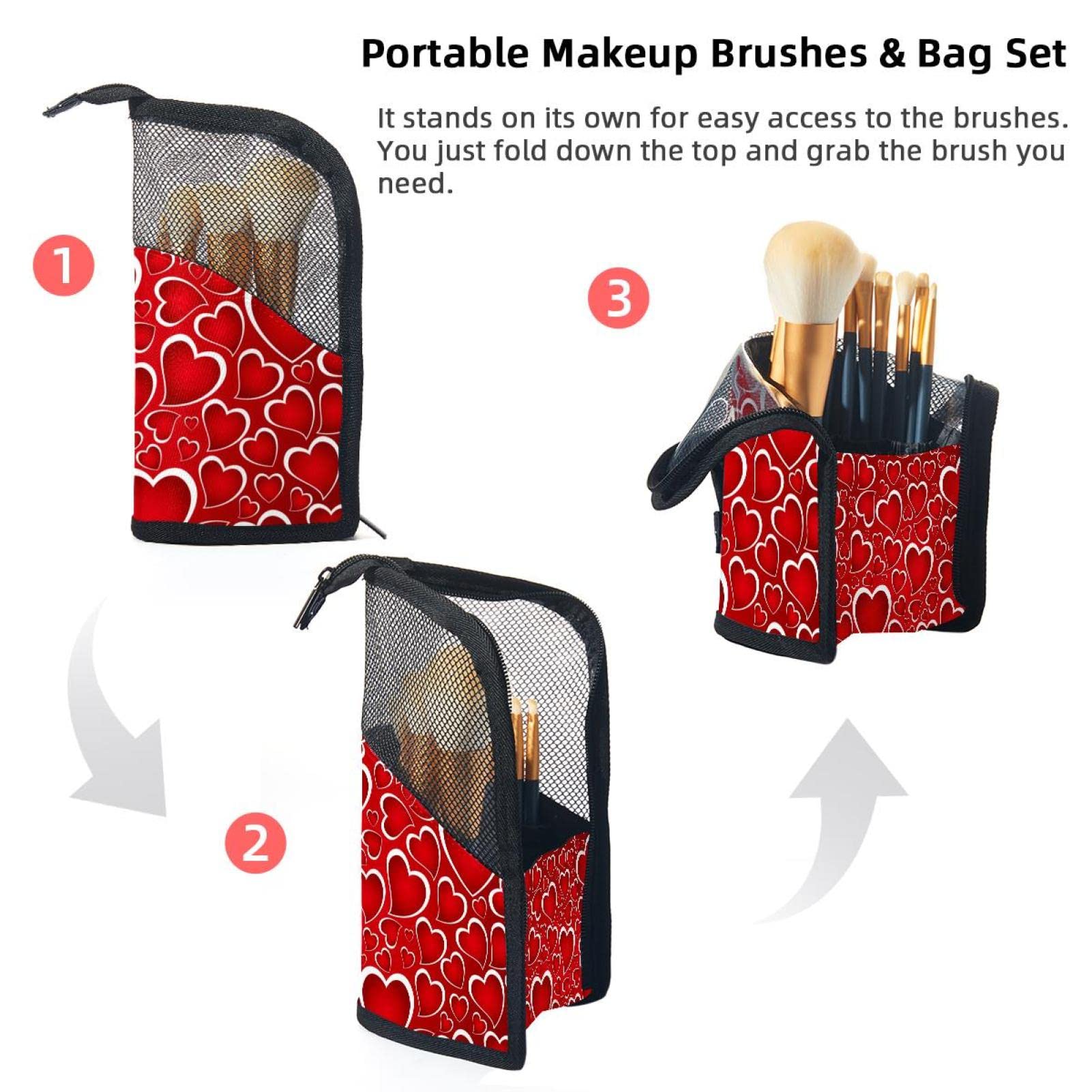 12-Piece Makeup Brush Organizer Bag with Hand-Drawn Love Heart Design - Portable Travel Brush Holder Case for Professional & Home Makeup Storage
