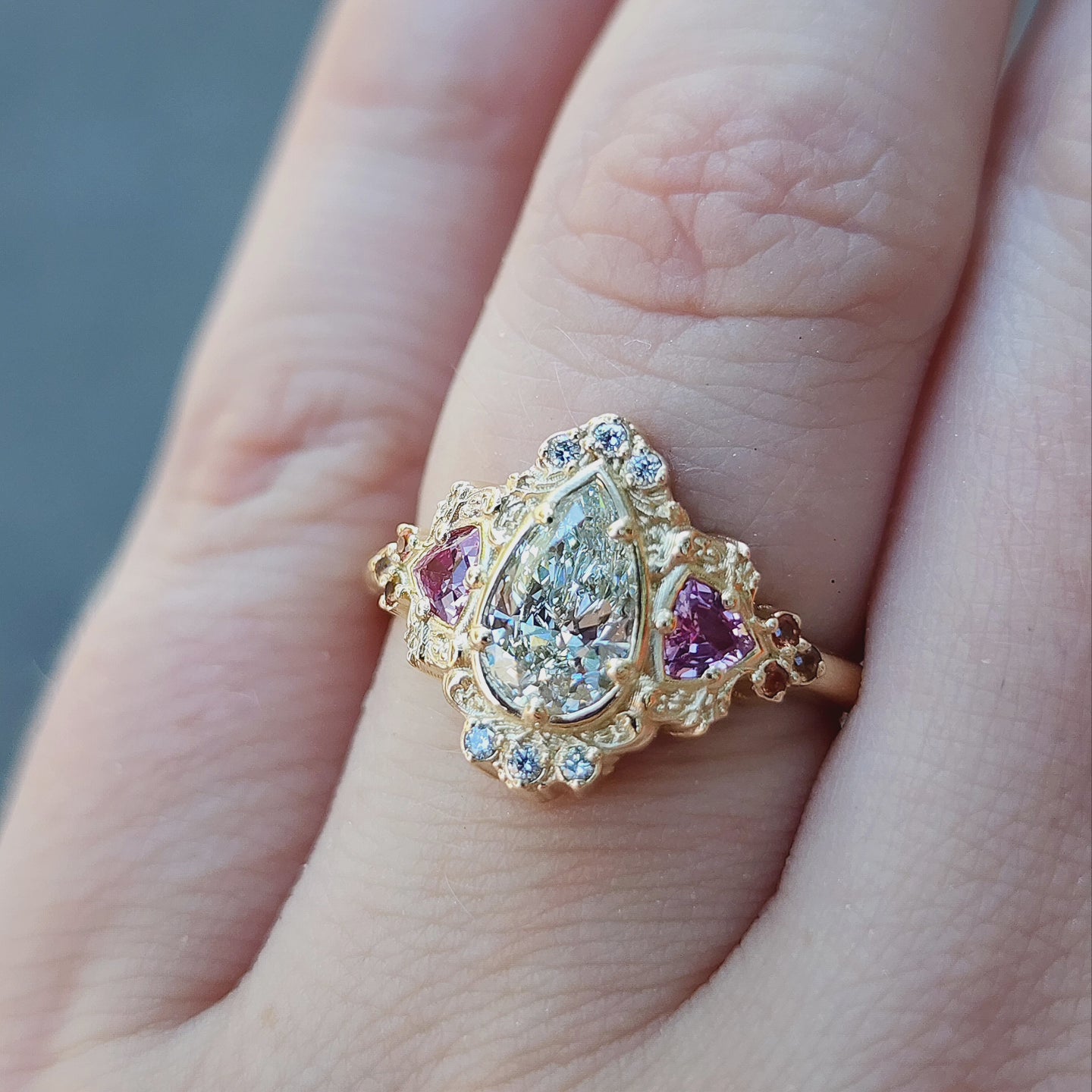 Ophelia Filigree Engagement Ring in 14k Gold with Trillion Cut Stones - Elegant Wedding Band for Proposals, Anniversaries & Romantic Occasions