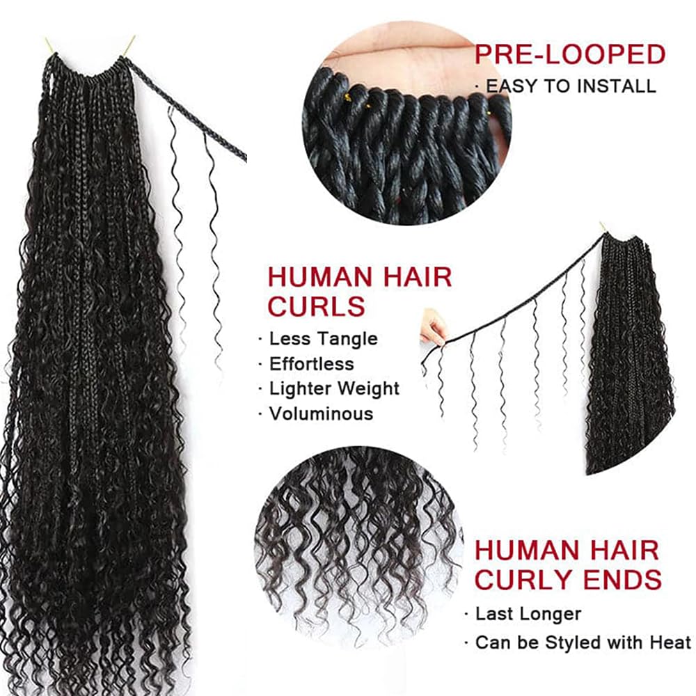 Natural Black 14inch Crochet Boho Box Braids with Human Hair - Pre-Looped Goddess Braids with Curly Ends (3 Pack, 120 Strands) | Perfect for Protective Styling, Everyday Wear & Festival Looks
